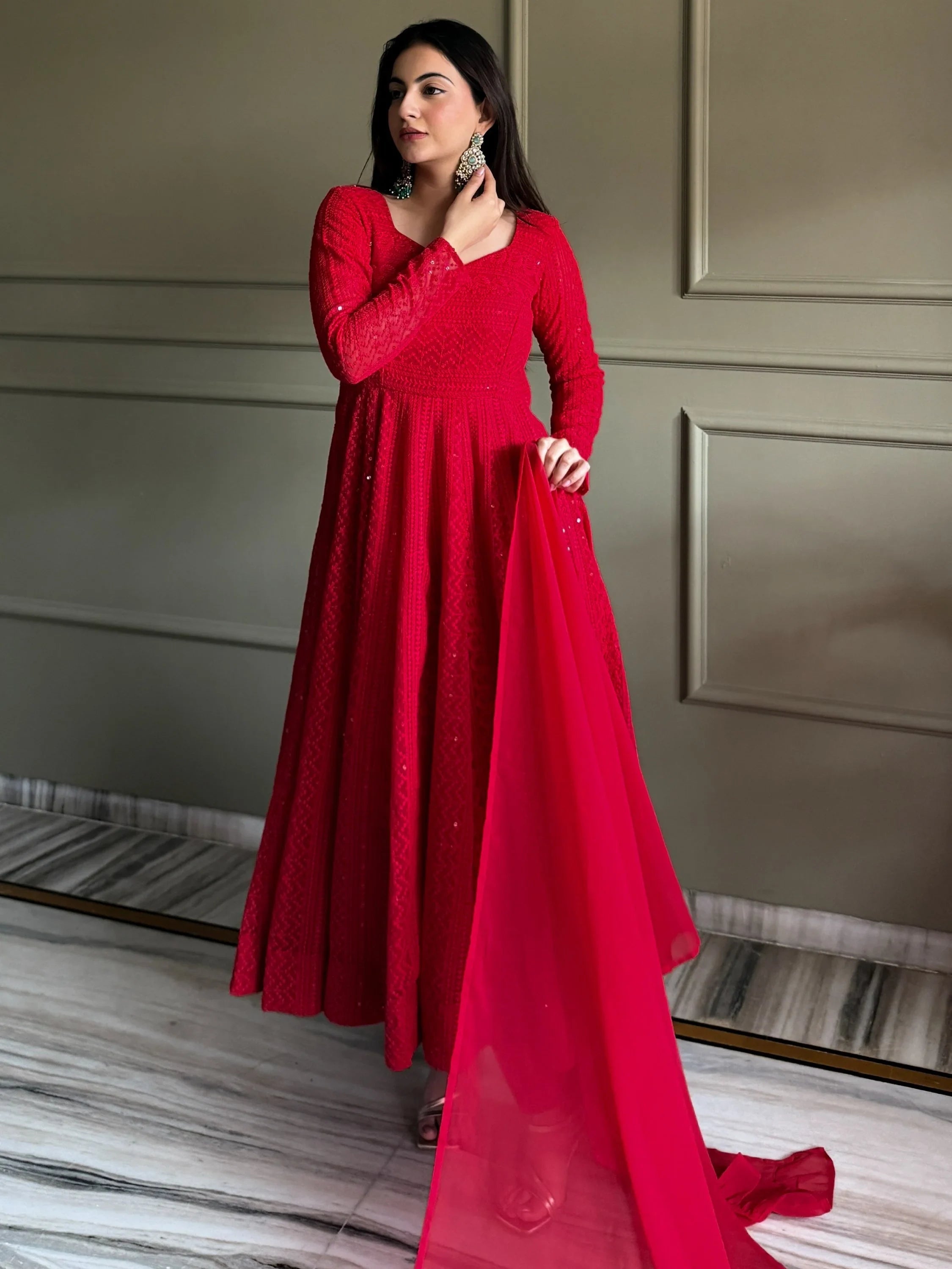 Red Amazeballs Thread Work Georgette Wedding Wear Anarkali Pant Suit