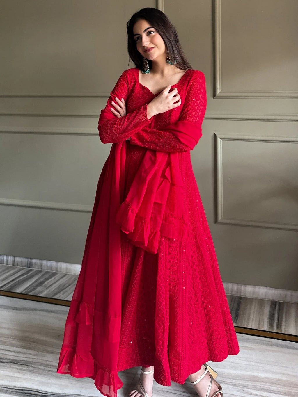 Red Amazeballs Thread Work Georgette Wedding Wear Anarkali Pant Suit