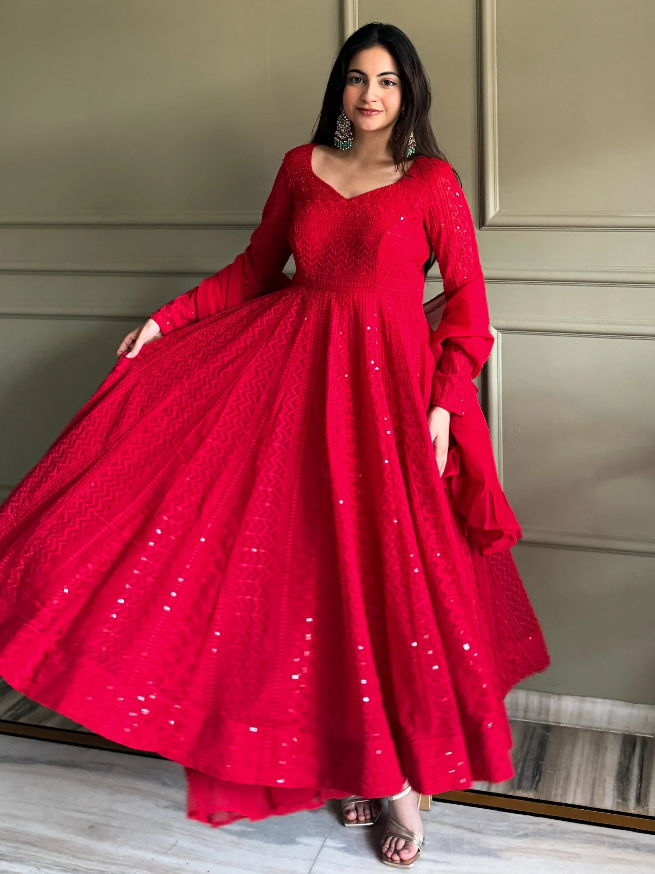 Red Amazeballs Thread Work Georgette Wedding Wear Anarkali Pant Suit