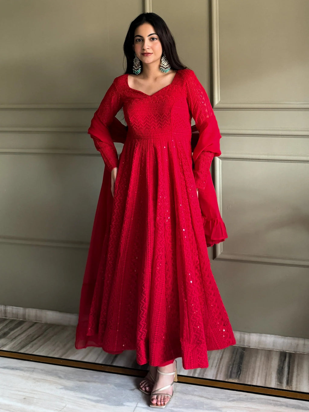 Red Amazeballs Thread Work Georgette Wedding Wear Anarkali Pant Suit