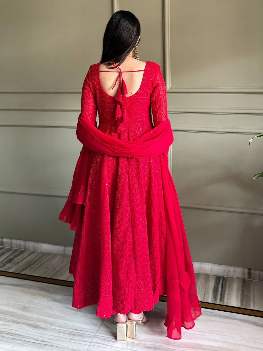 Red Amazeballs Thread Work Georgette Wedding Wear Anarkali Pant Suit