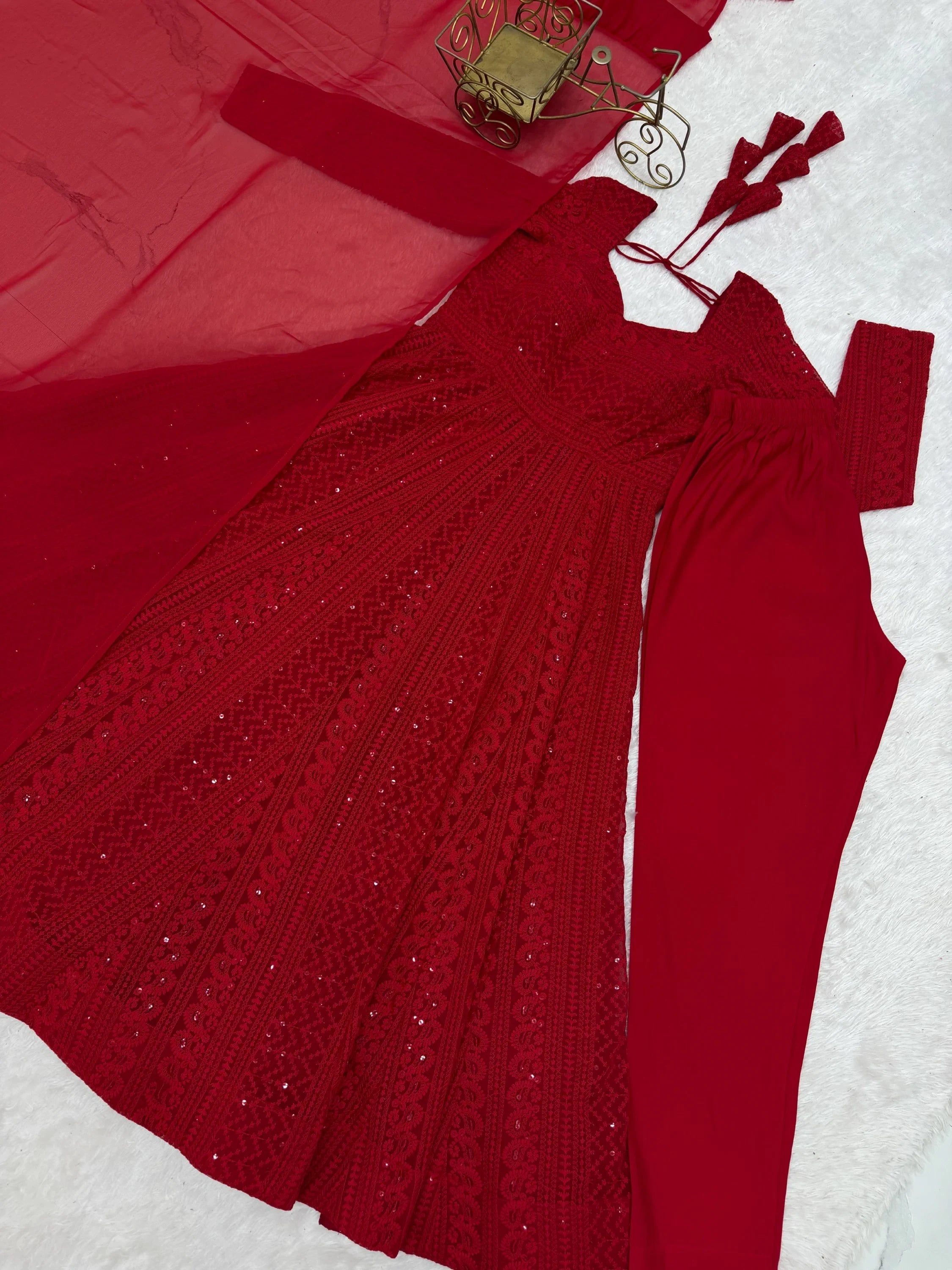 Red Amazeballs Thread Work Georgette Wedding Wear Anarkali Pant Suit