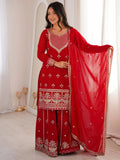 Dreamy Red Dori Embroidered Georgette Engagement Wear Sharara Suit