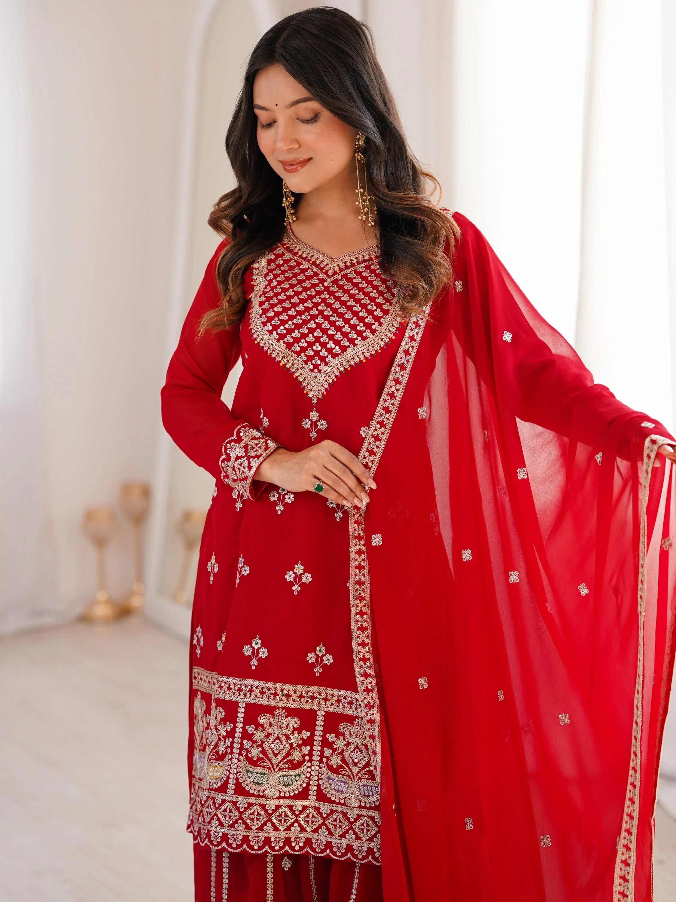 Dreamy Red Dori Embroidered Georgette Engagement Wear Sharara Suit