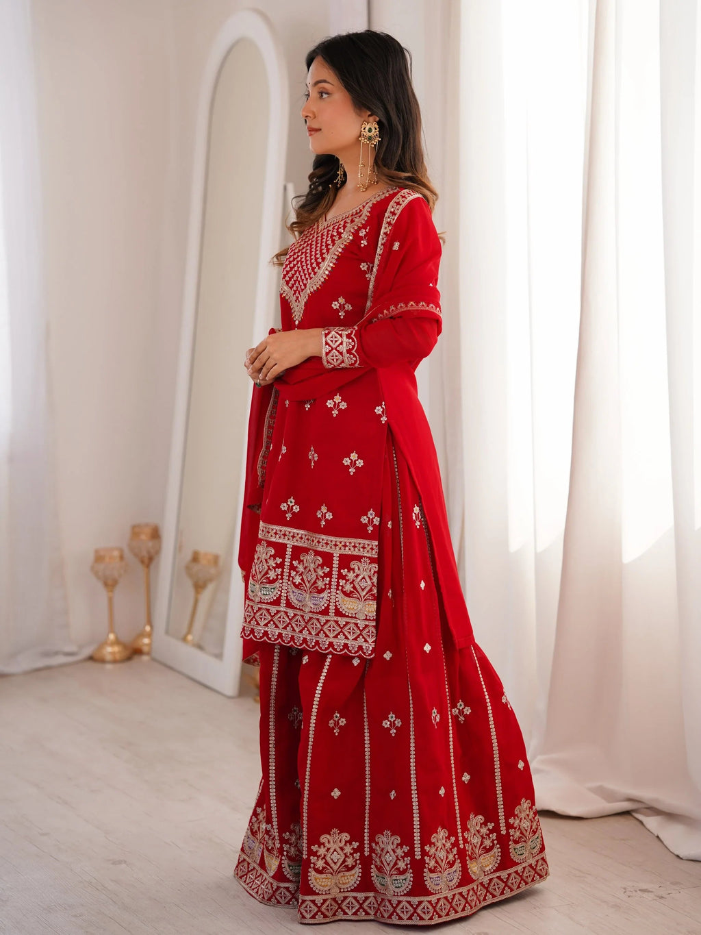 Dreamy Red Dori Embroidered Georgette Engagement Wear Sharara Suit