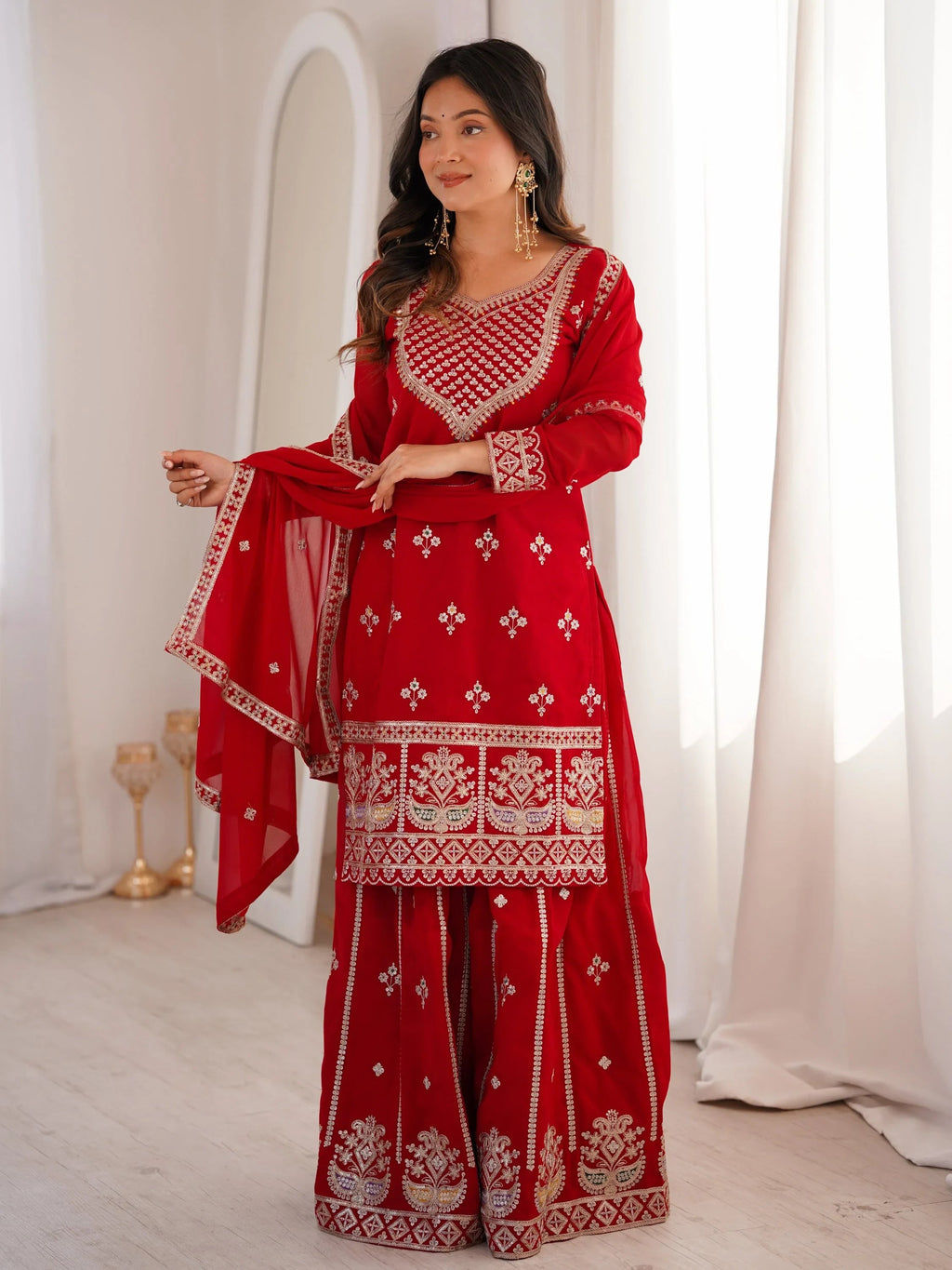 Dreamy Red Dori Embroidered Georgette Engagement Wear Sharara Suit