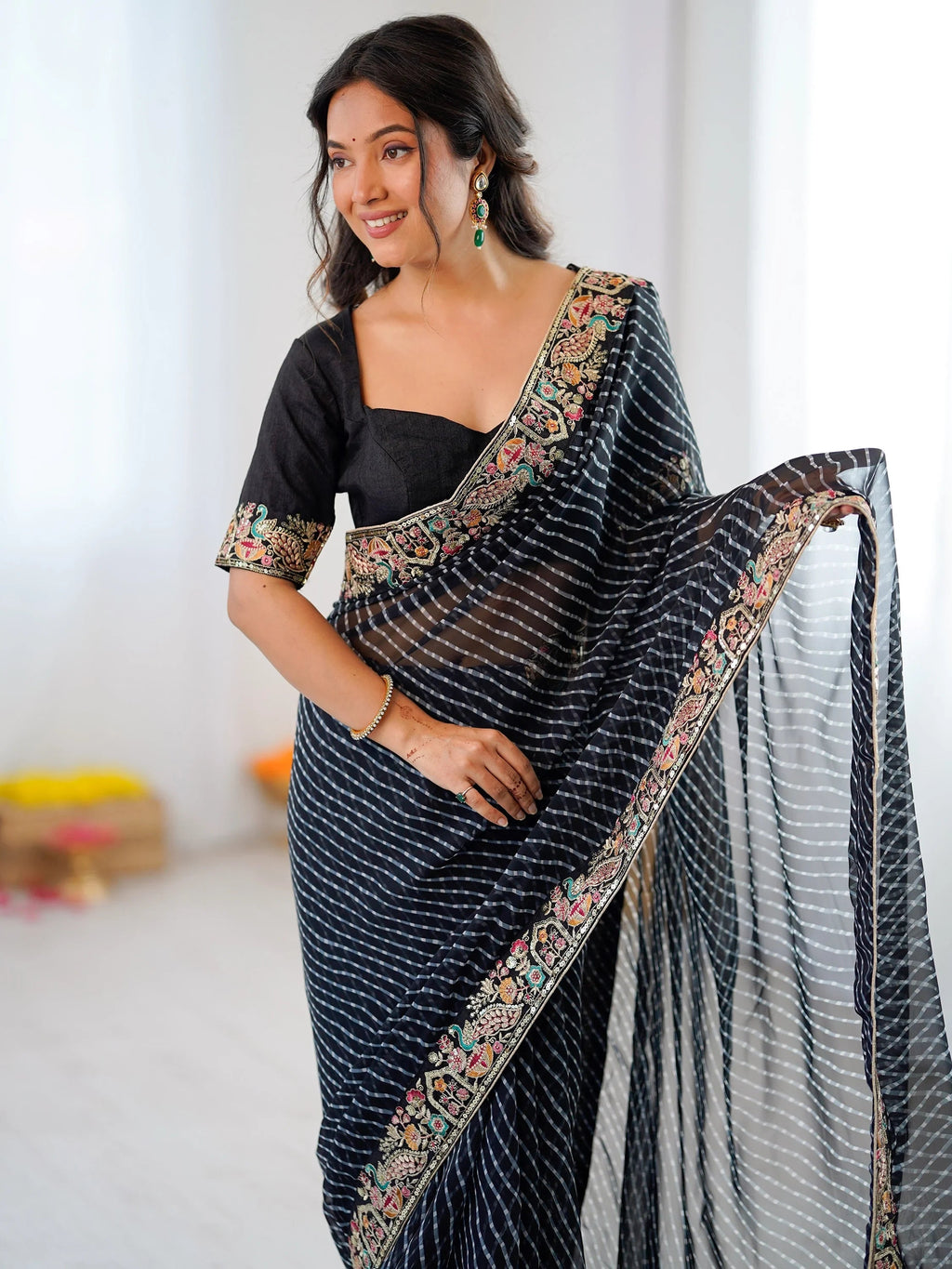 Black Super Border Work Georgette Function Wear Saree With Blouse
