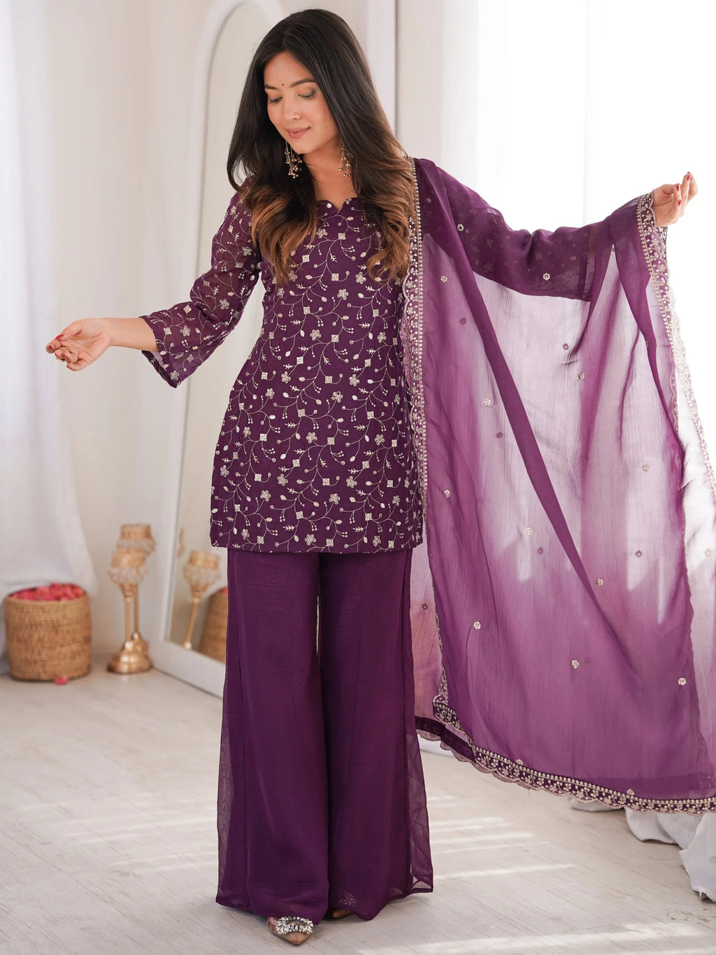 Purple Beautiful Sequins Silk Function Wear Pant Suit