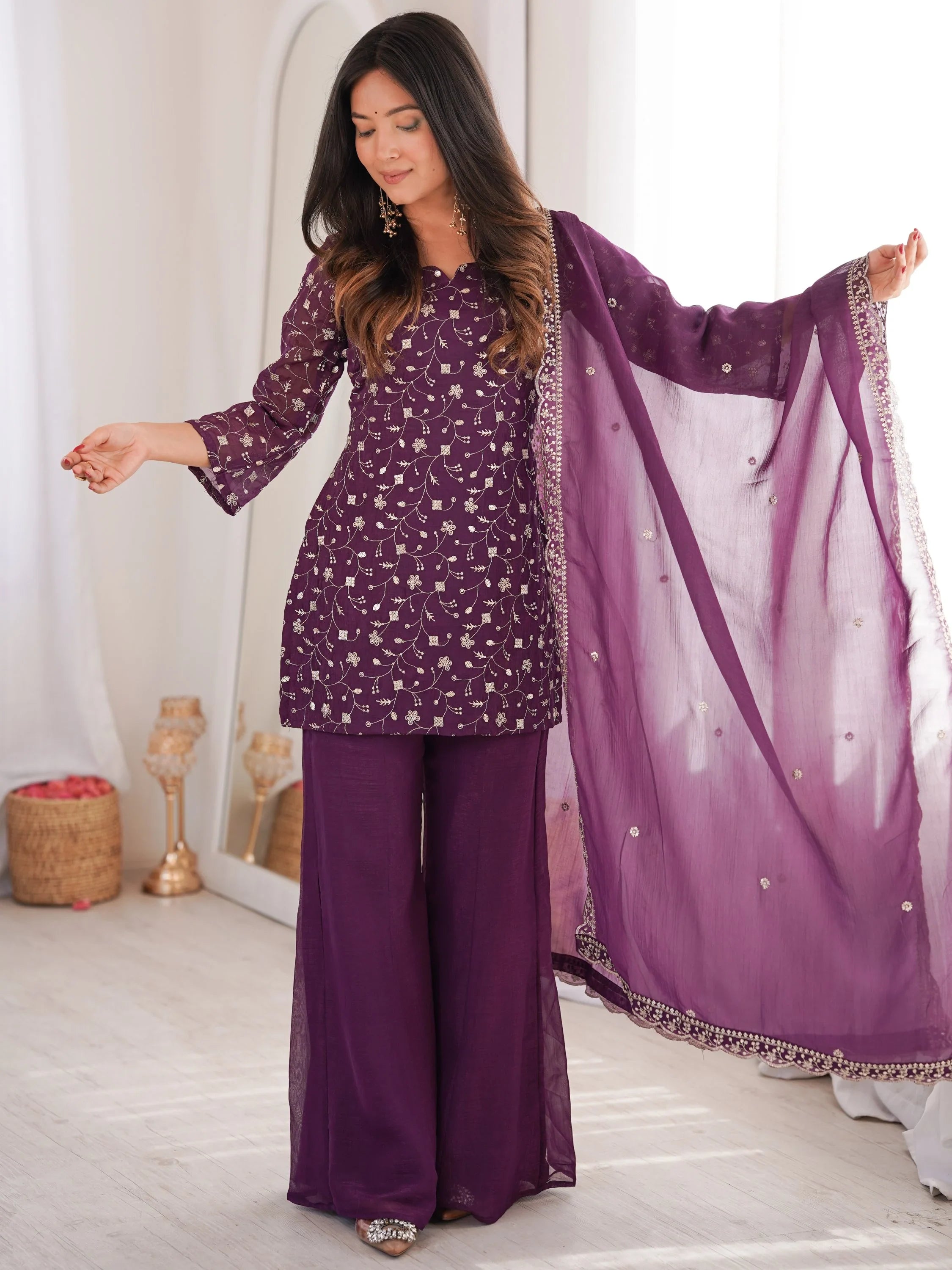 Purple Beautiful Sequins Silk Function Wear Pant Suit