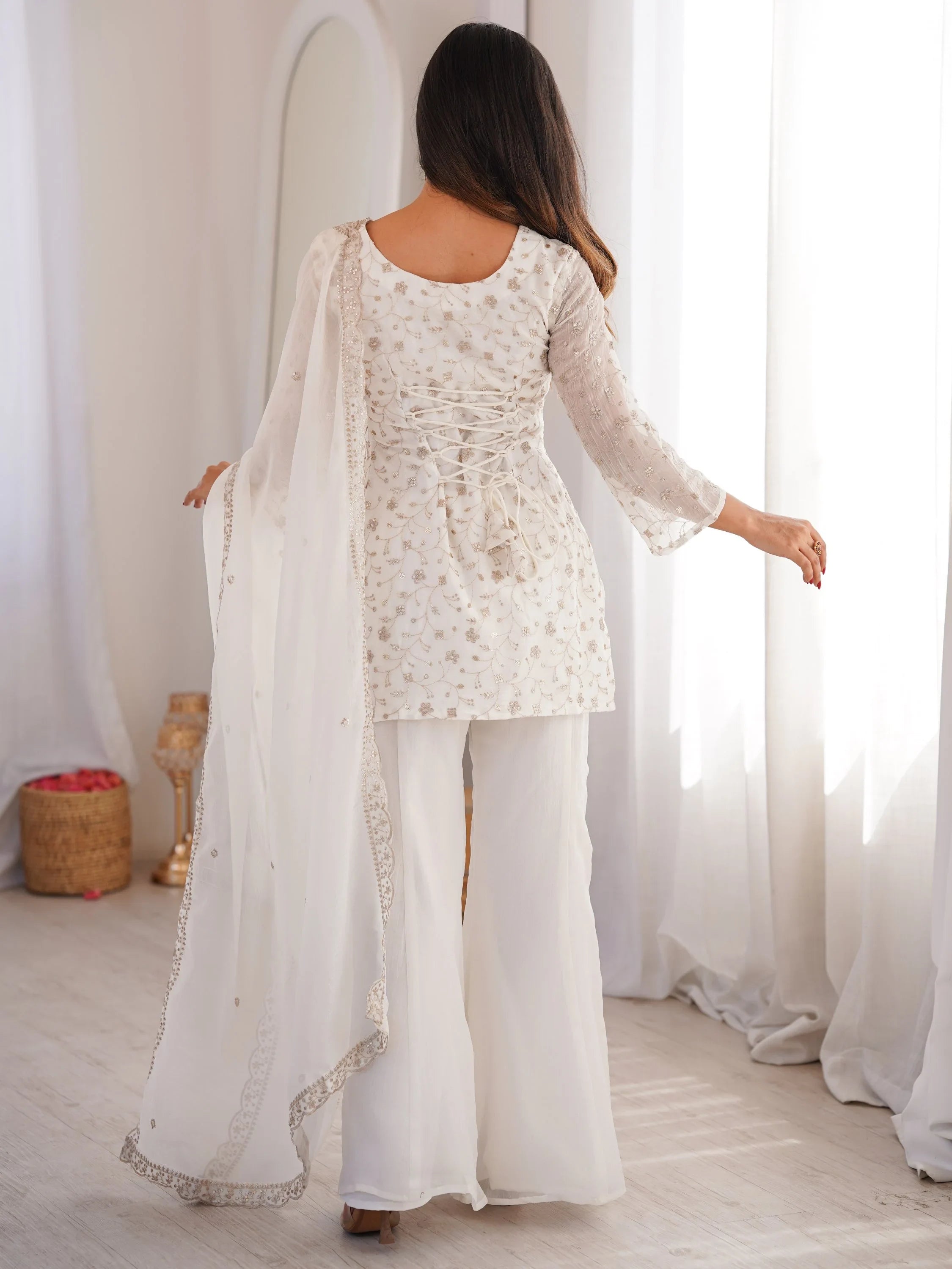 White Beautiful Sequins Silk Function Wear Pant Suit