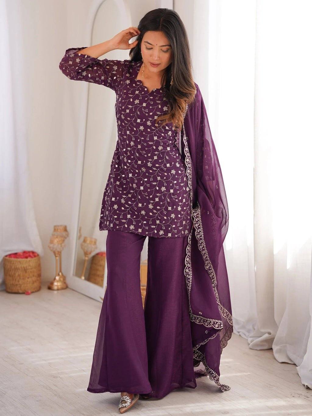Purple Beautiful Sequins Silk Function Wear Pant Suit