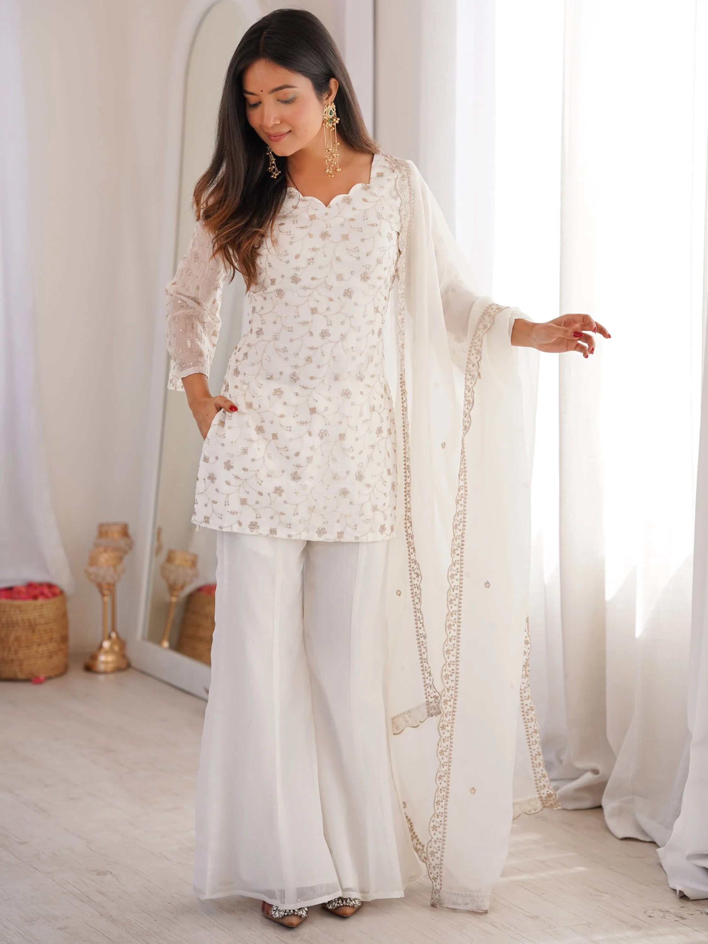 White Beautiful Sequins Silk Function Wear Pant Suit