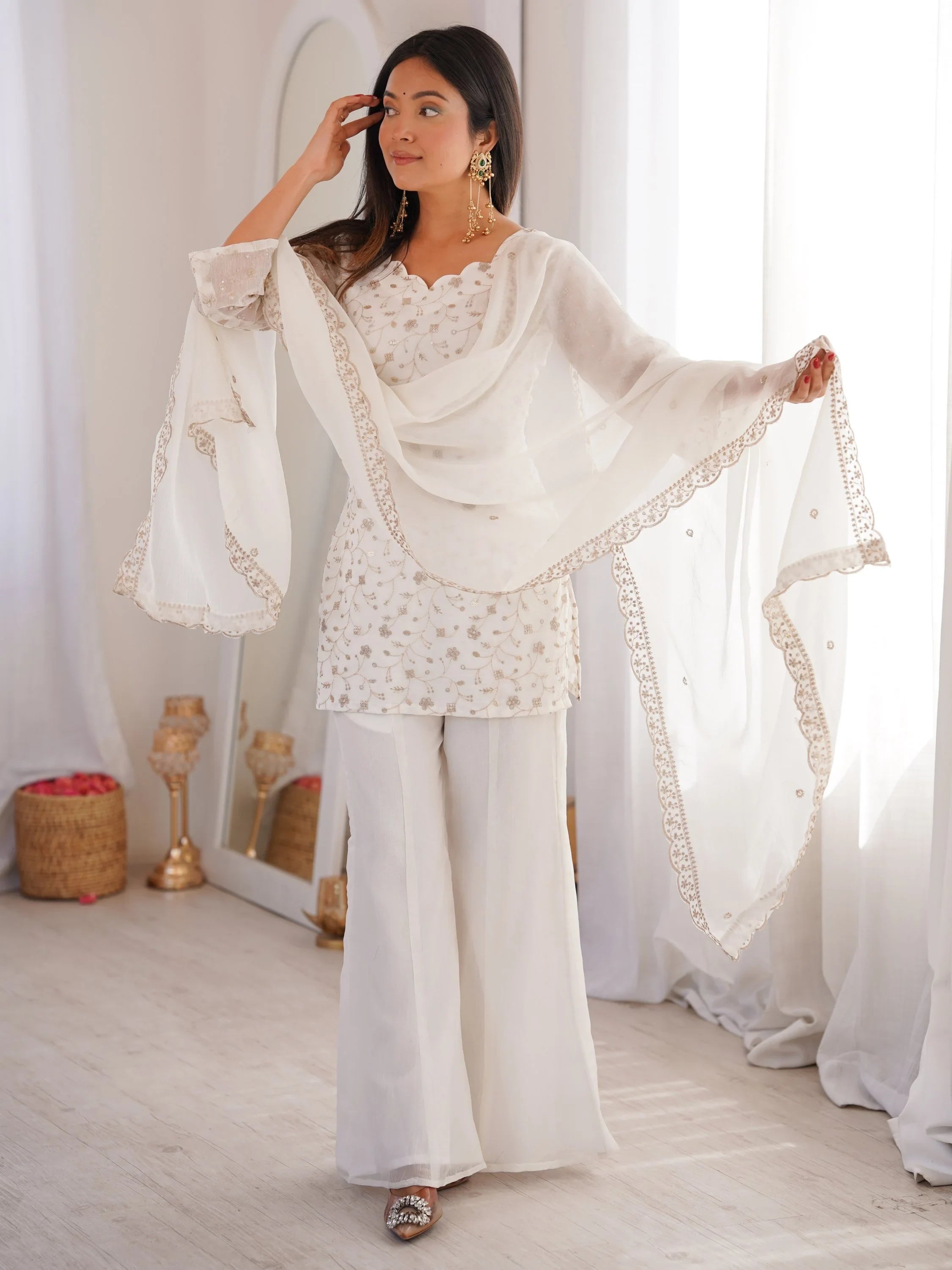 White Beautiful Sequins Silk Function Wear Pant Suit