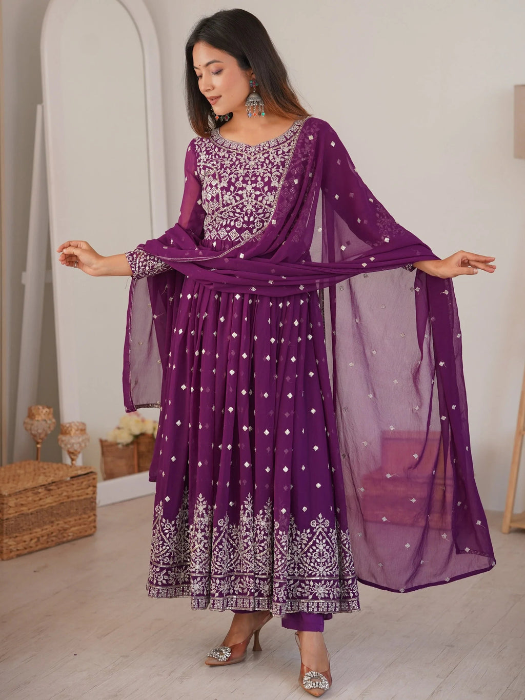 Bewitching Purple Sequins Georgette Wedding Wear Anarkali Suit