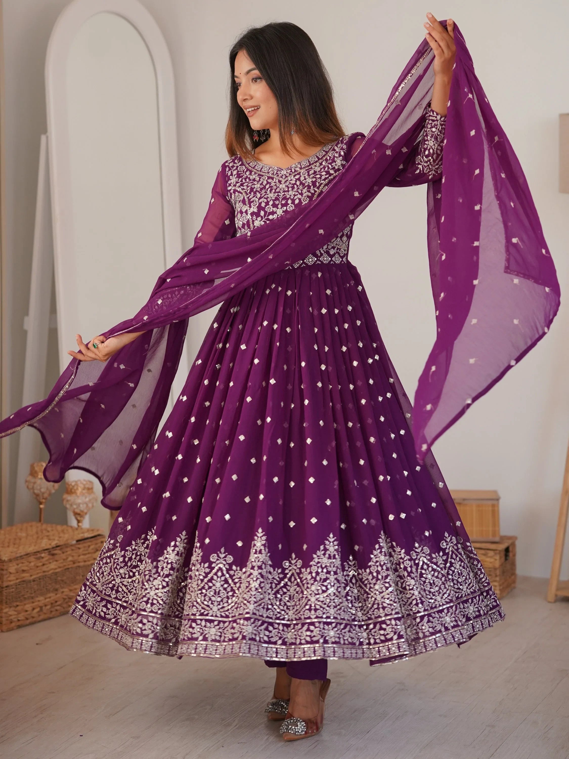 Bewitching Purple Sequins Georgette Wedding Wear Anarkali Suit