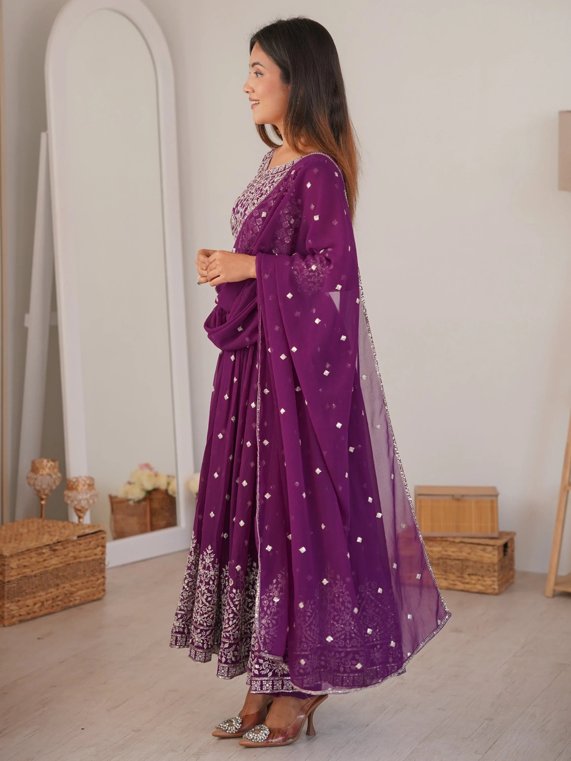 Bewitching Purple Sequins Georgette Wedding Wear Anarkali Suit