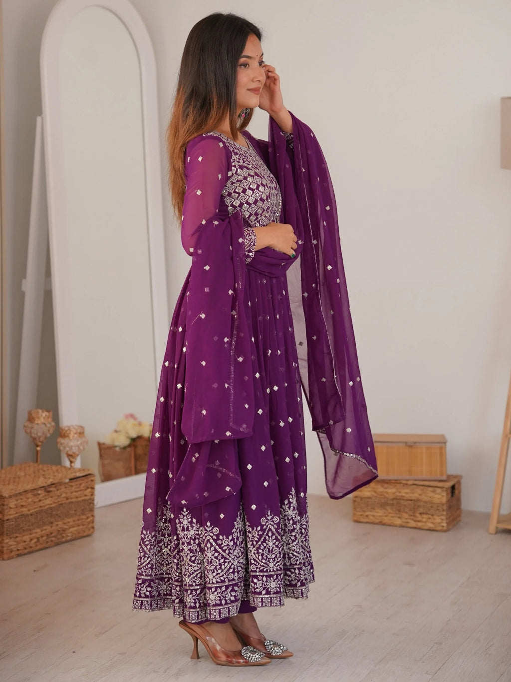 Bewitching Purple Sequins Georgette Wedding Wear Anarkali Suit