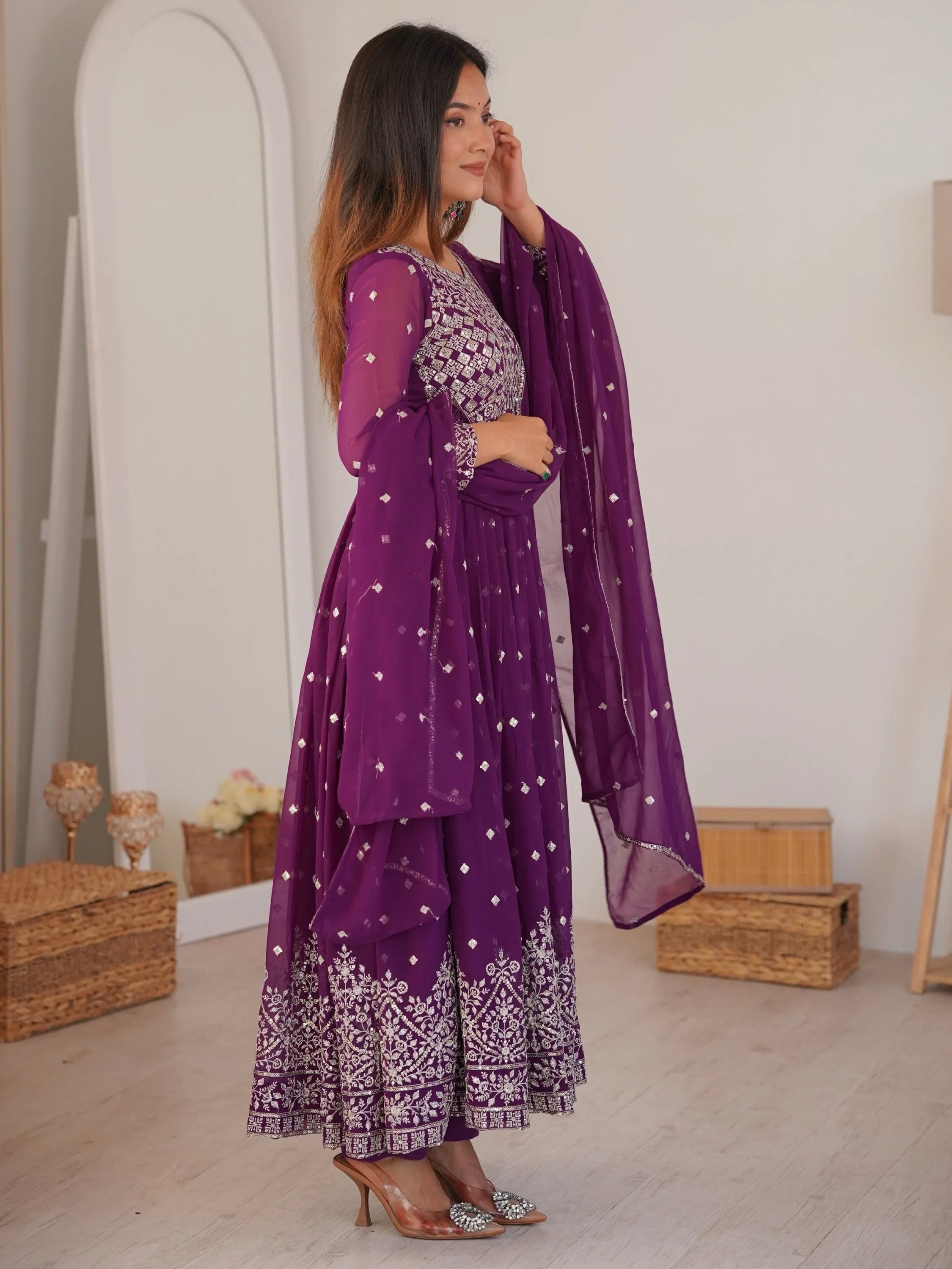 Bewitching Purple Sequins Georgette Wedding Wear Anarkali Suit