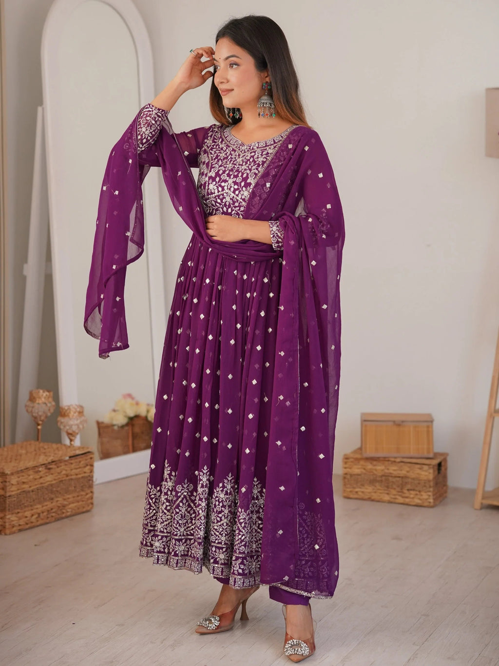 Bewitching Purple Sequins Georgette Wedding Wear Anarkali Suit