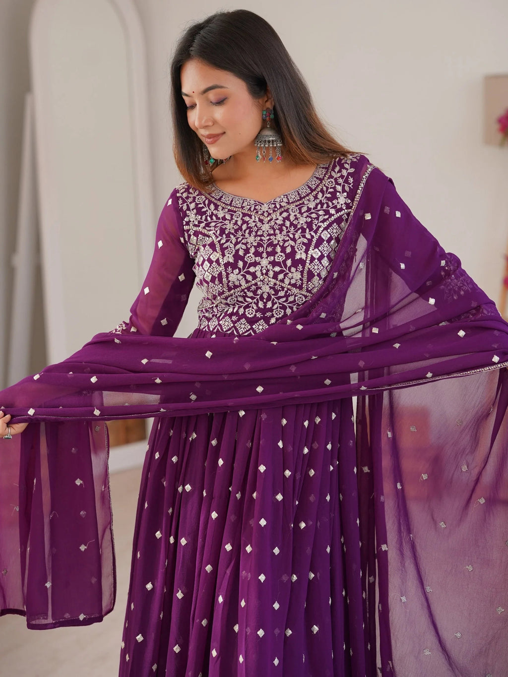 Bewitching Purple Sequins Georgette Wedding Wear Anarkali Suit