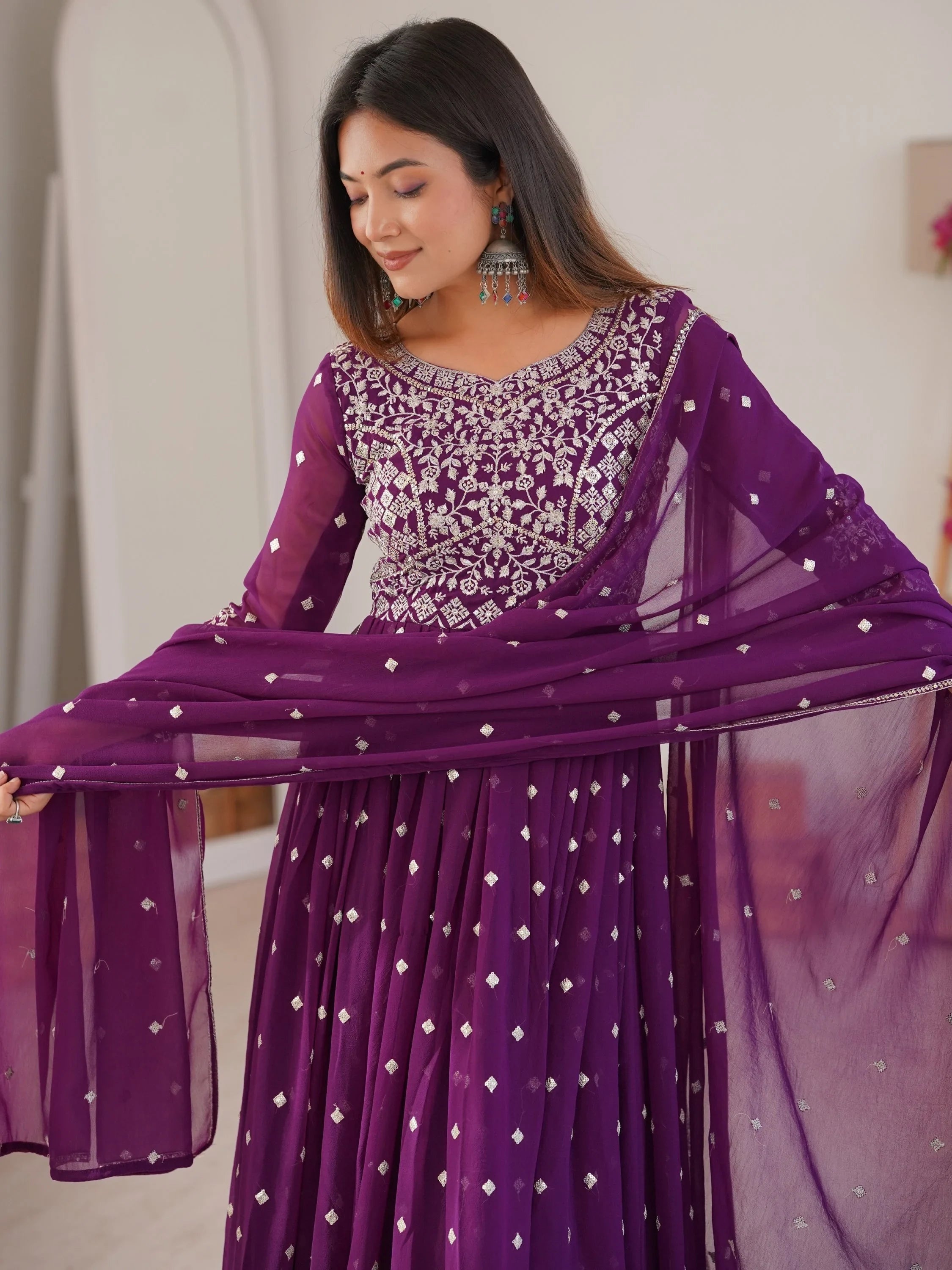 Bewitching Purple Sequins Georgette Wedding Wear Anarkali Suit