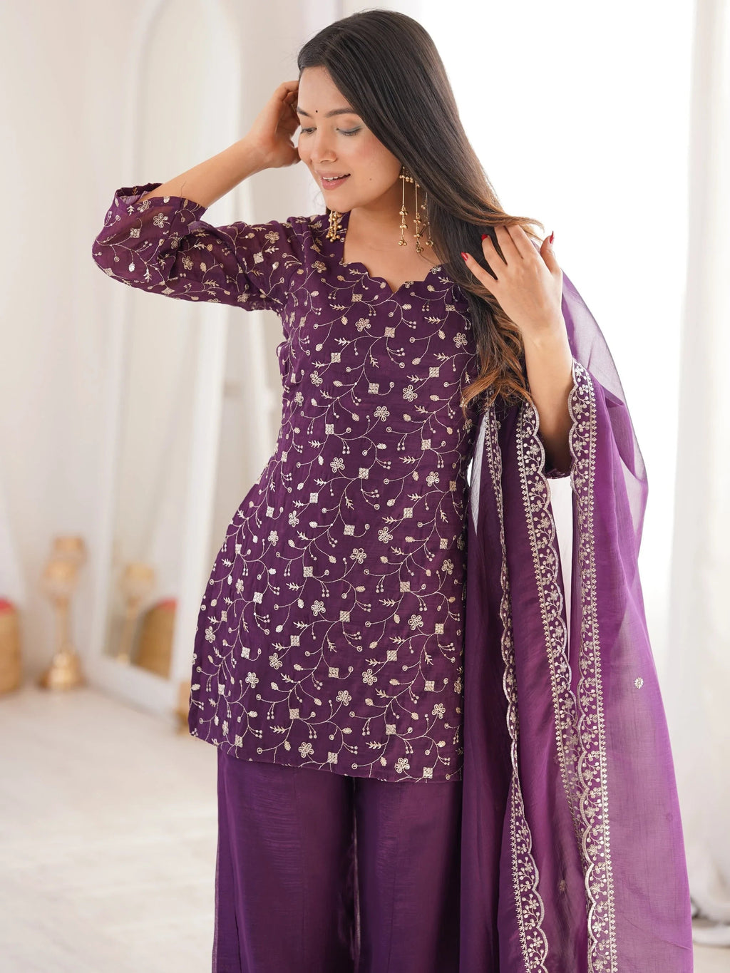Purple Beautiful Sequins Silk Function Wear Pant Suit