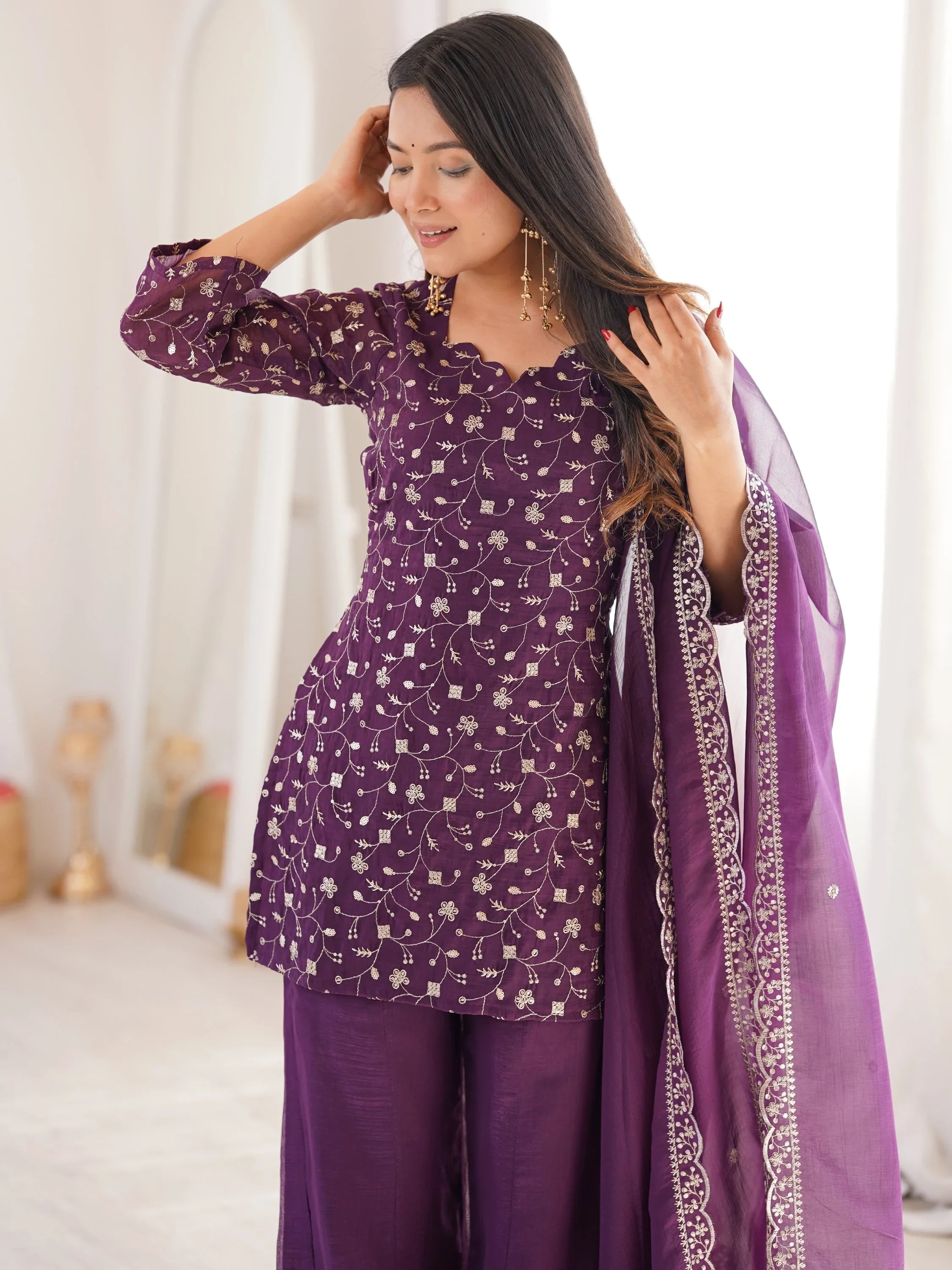 Purple Beautiful Sequins Silk Function Wear Pant Suit