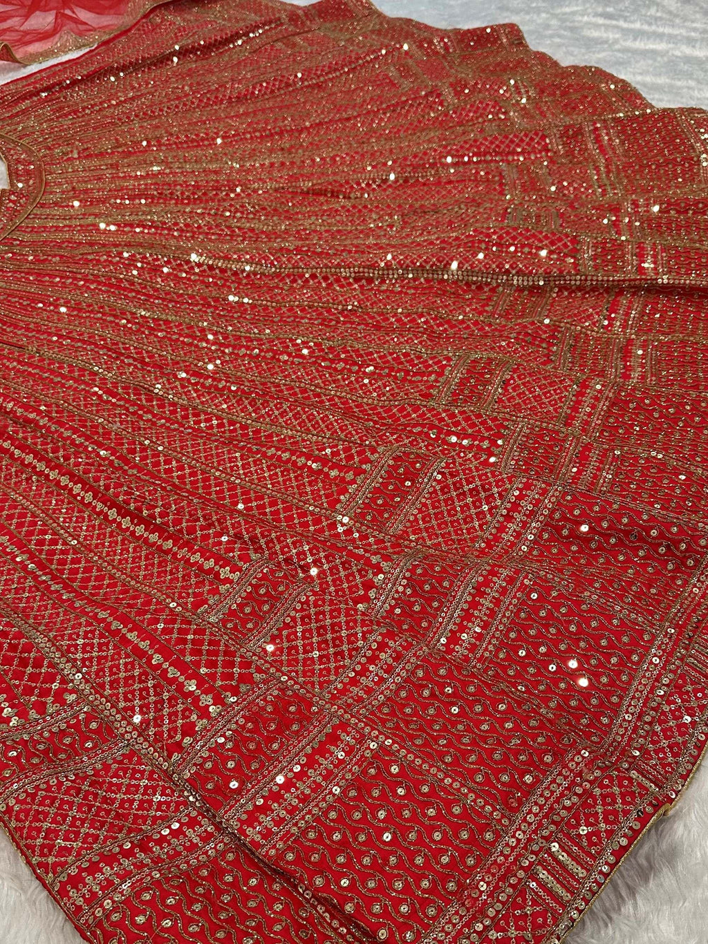 Lavishing Red Thread Embroidered Satin Wedding Wear Lehenga Choli