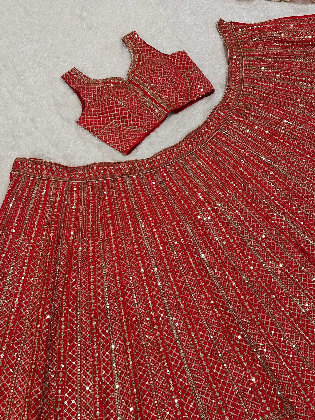 Lavishing Red Thread Embroidered Satin Wedding Wear Lehenga Choli