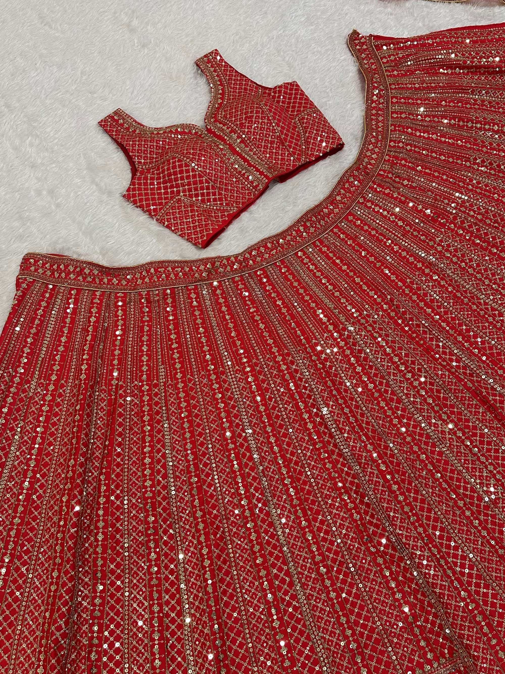 Lavishing Red Thread Embroidered Satin Wedding Wear Lehenga Choli