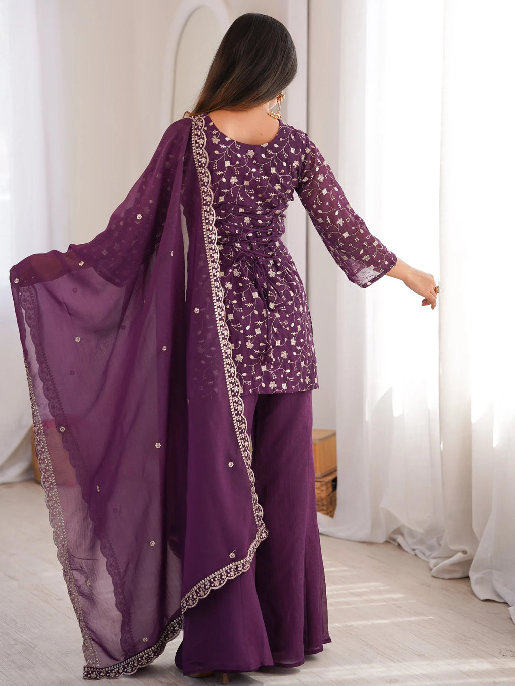 Purple Beautiful Sequins Silk Function Wear Pant Suit