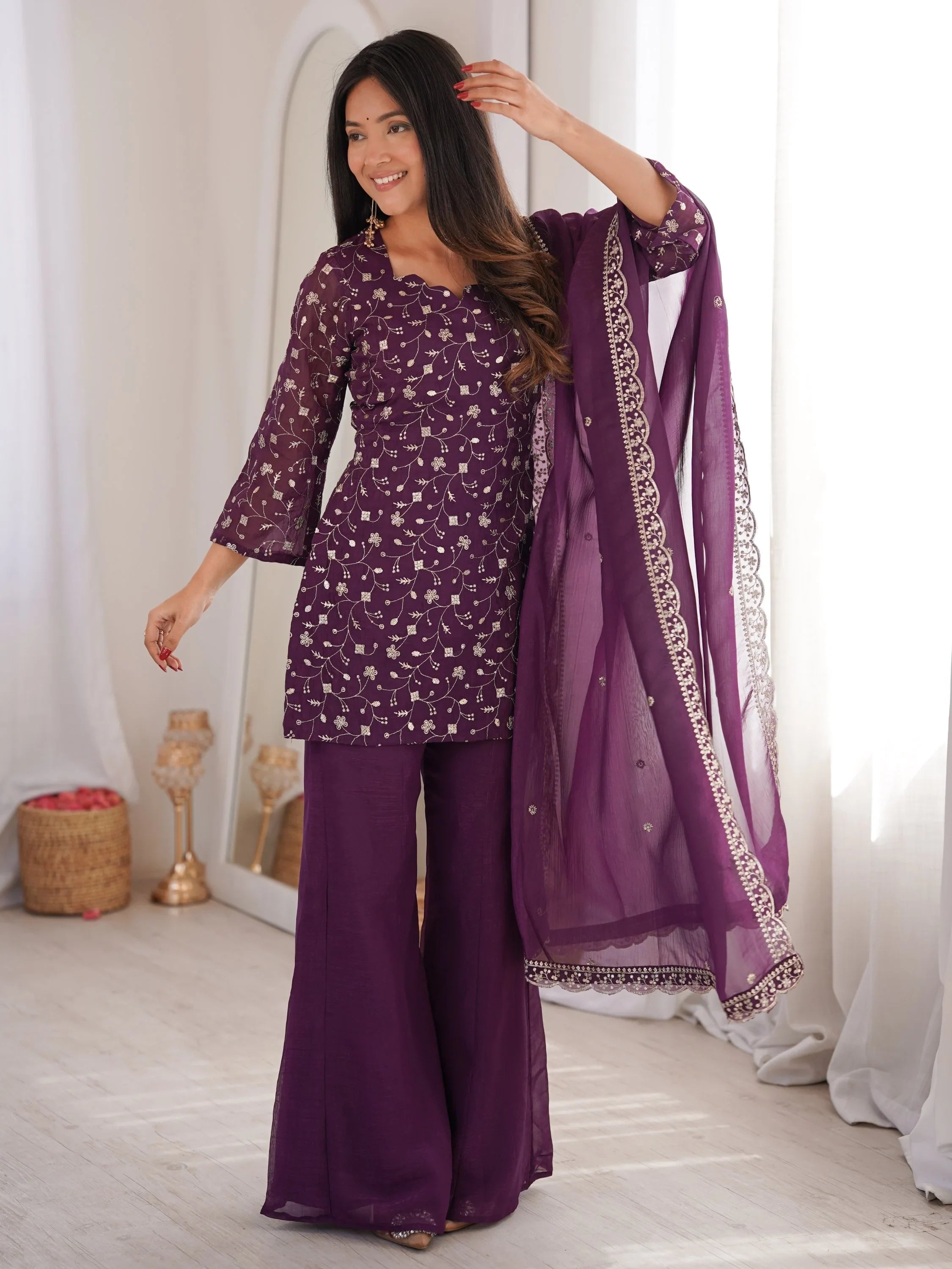 Purple Beautiful Sequins Silk Function Wear Pant Suit