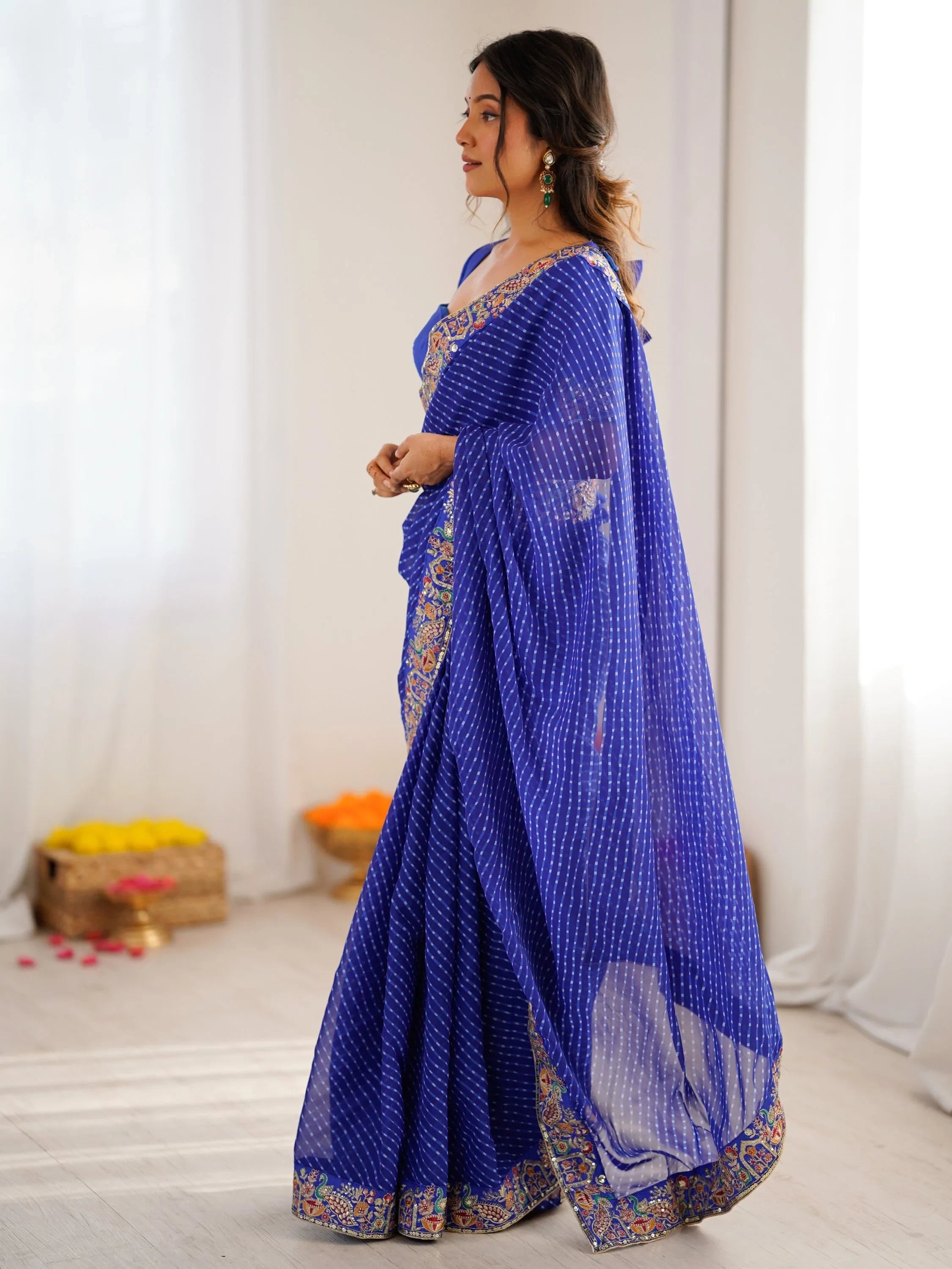 Blue Super Border Work Georgette Function Wear Saree With Blouse