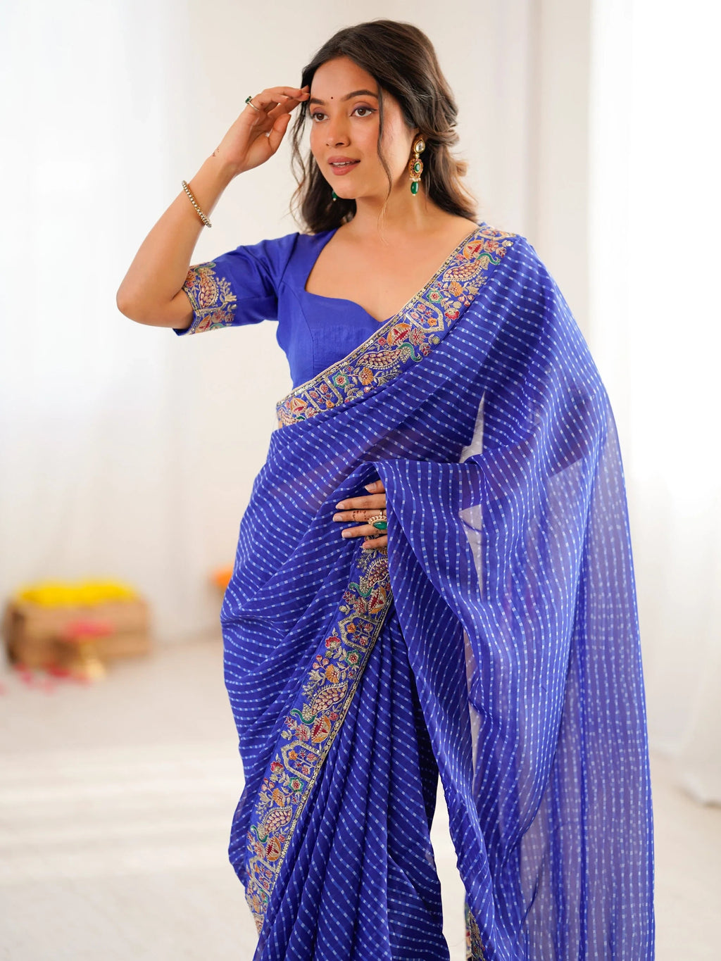 Blue Super Border Work Georgette Function Wear Saree With Blouse