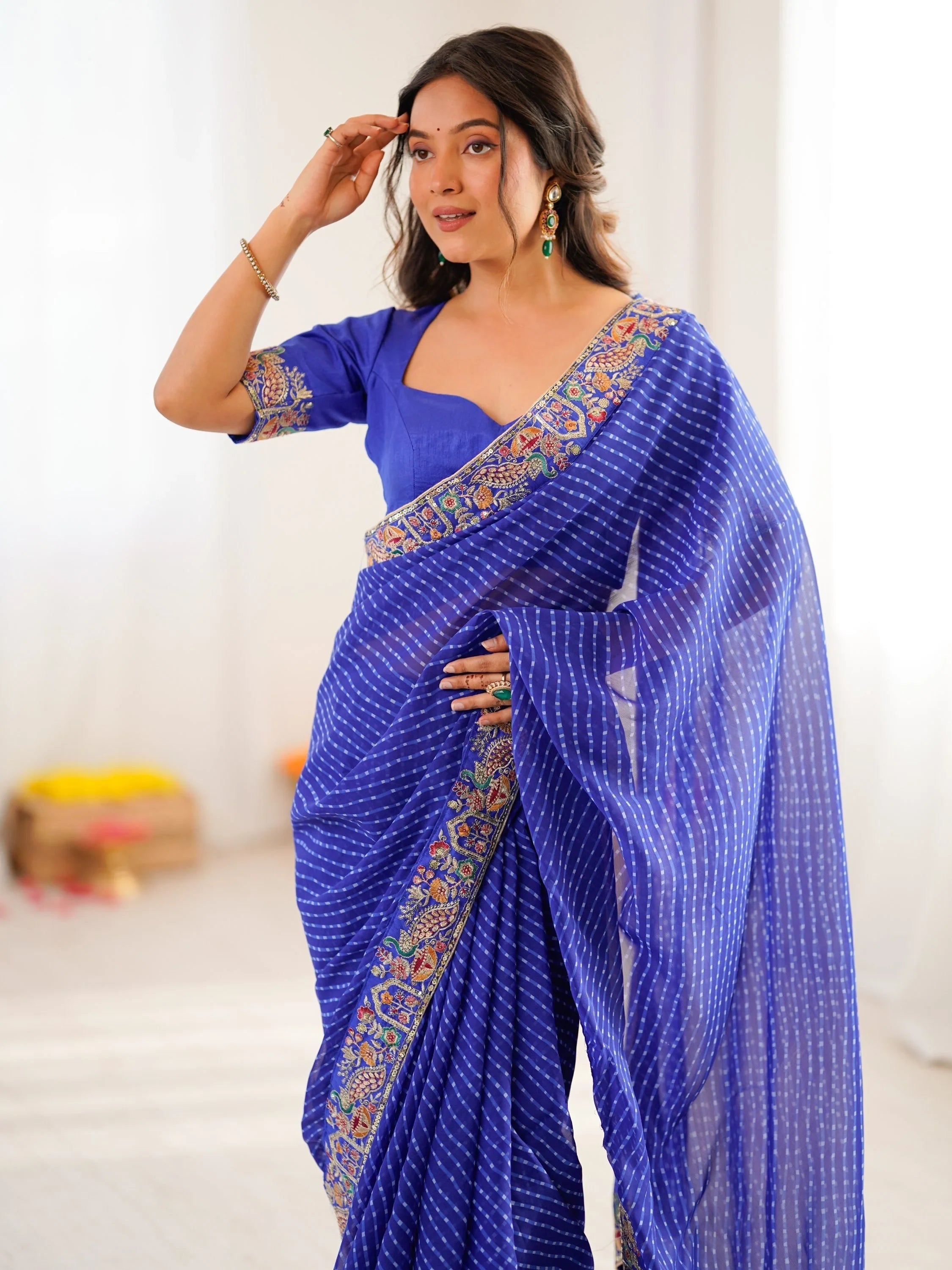 Blue Super Border Work Georgette Function Wear Saree With Blouse