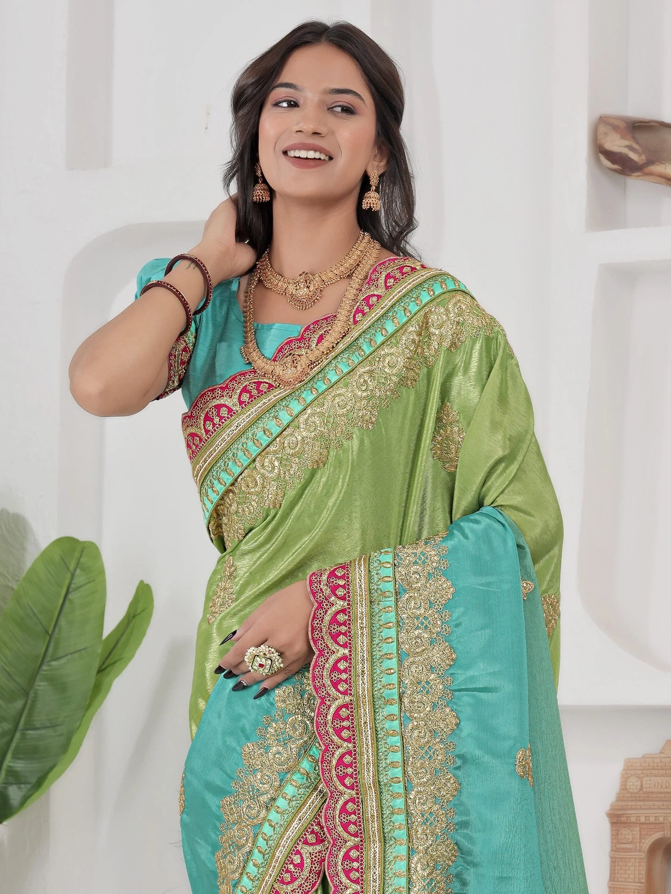 Green Fabulous Coding Work Chinon Wedding Wear Saree With Blouse