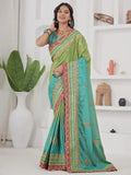 Green Fabulous Coding Work Chinon Wedding Wear Saree With Blouse