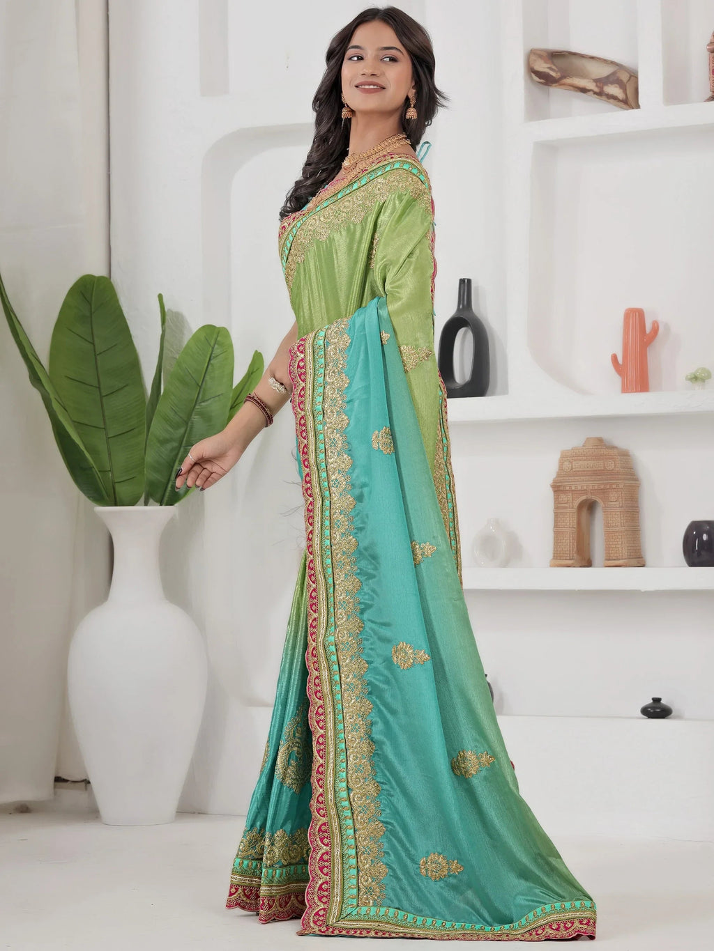Green Fabulous Coding Work Chinon Wedding Wear Saree With Blouse