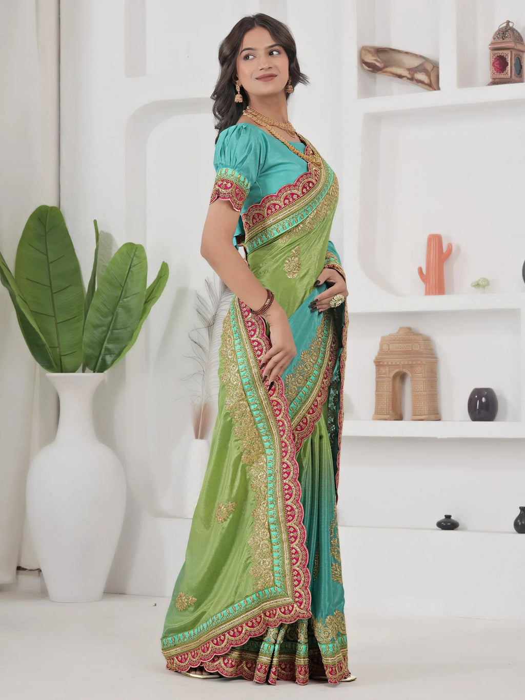 Green Fabulous Coding Work Chinon Wedding Wear Saree With Blouse