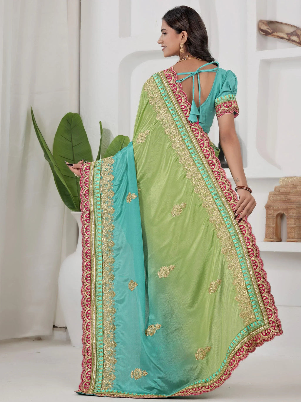 Green Fabulous Coding Work Chinon Wedding Wear Saree With Blouse