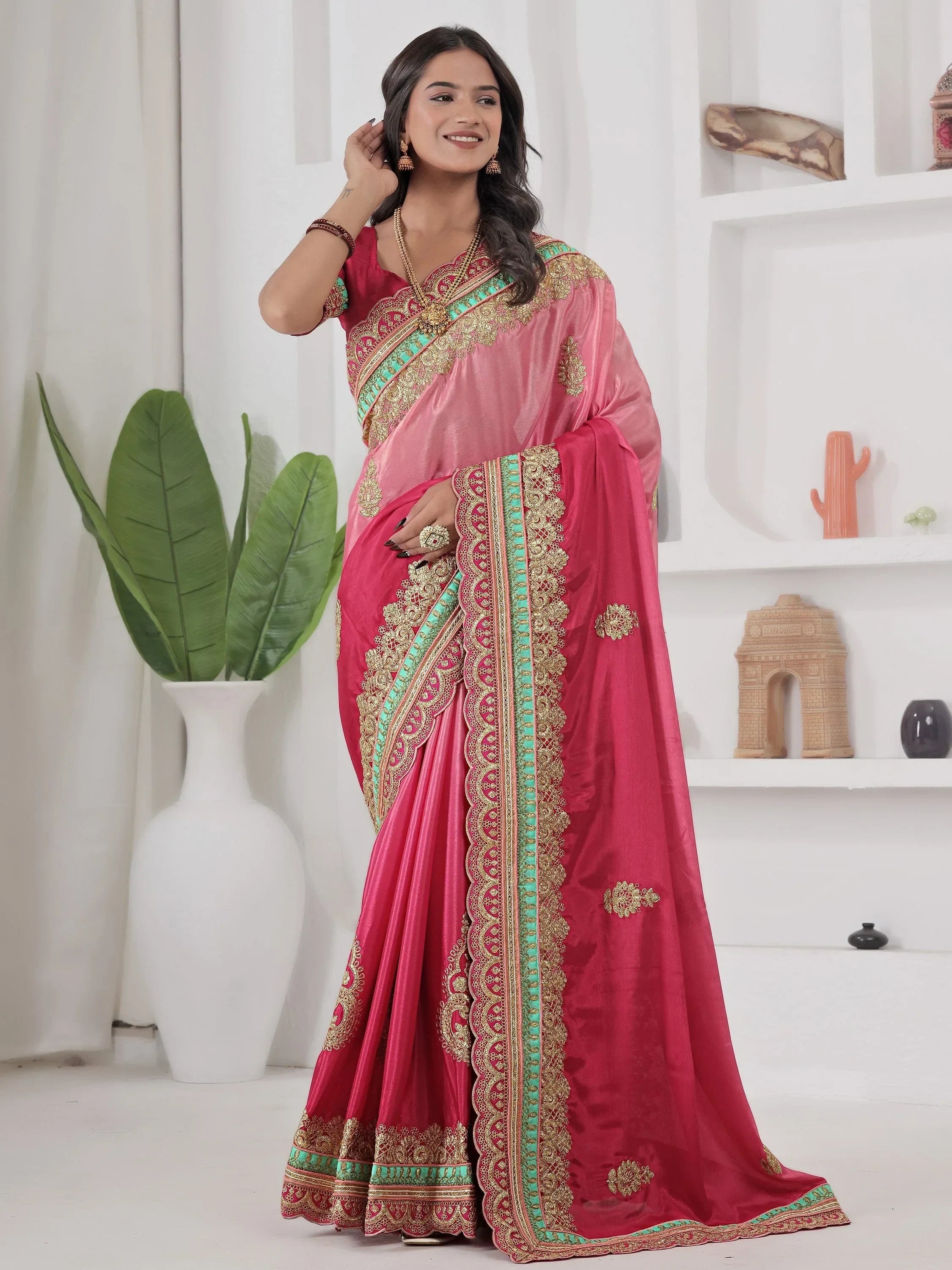 Red Fabulous Coding Work Chinon Wedding Wear Saree With Blouse