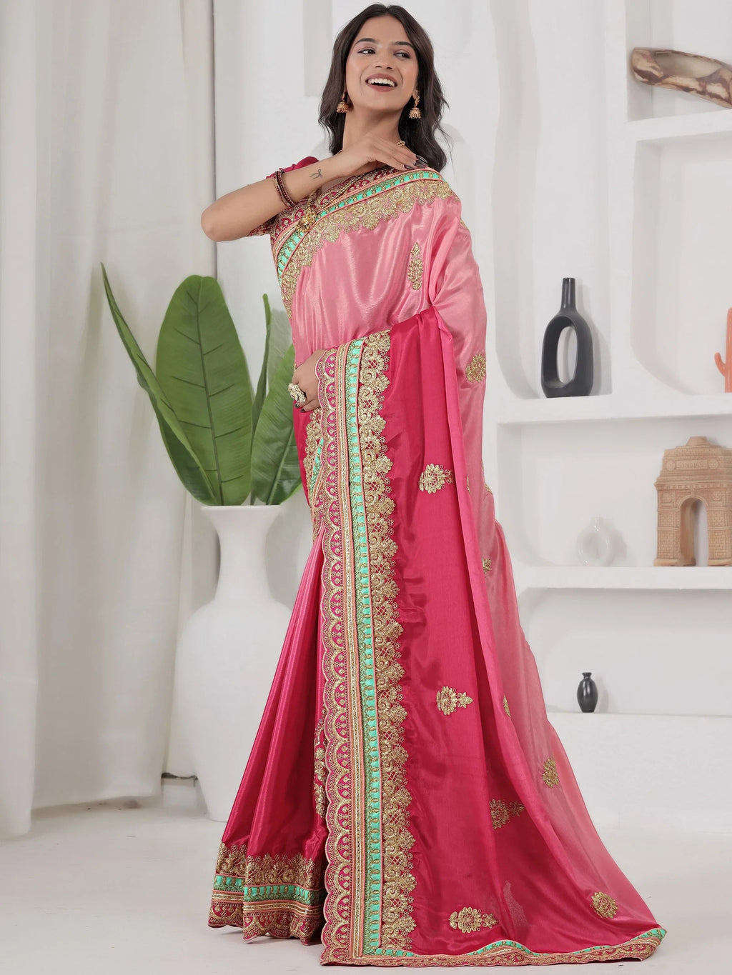 Red Fabulous Coding Work Chinon Wedding Wear Saree With Blouse