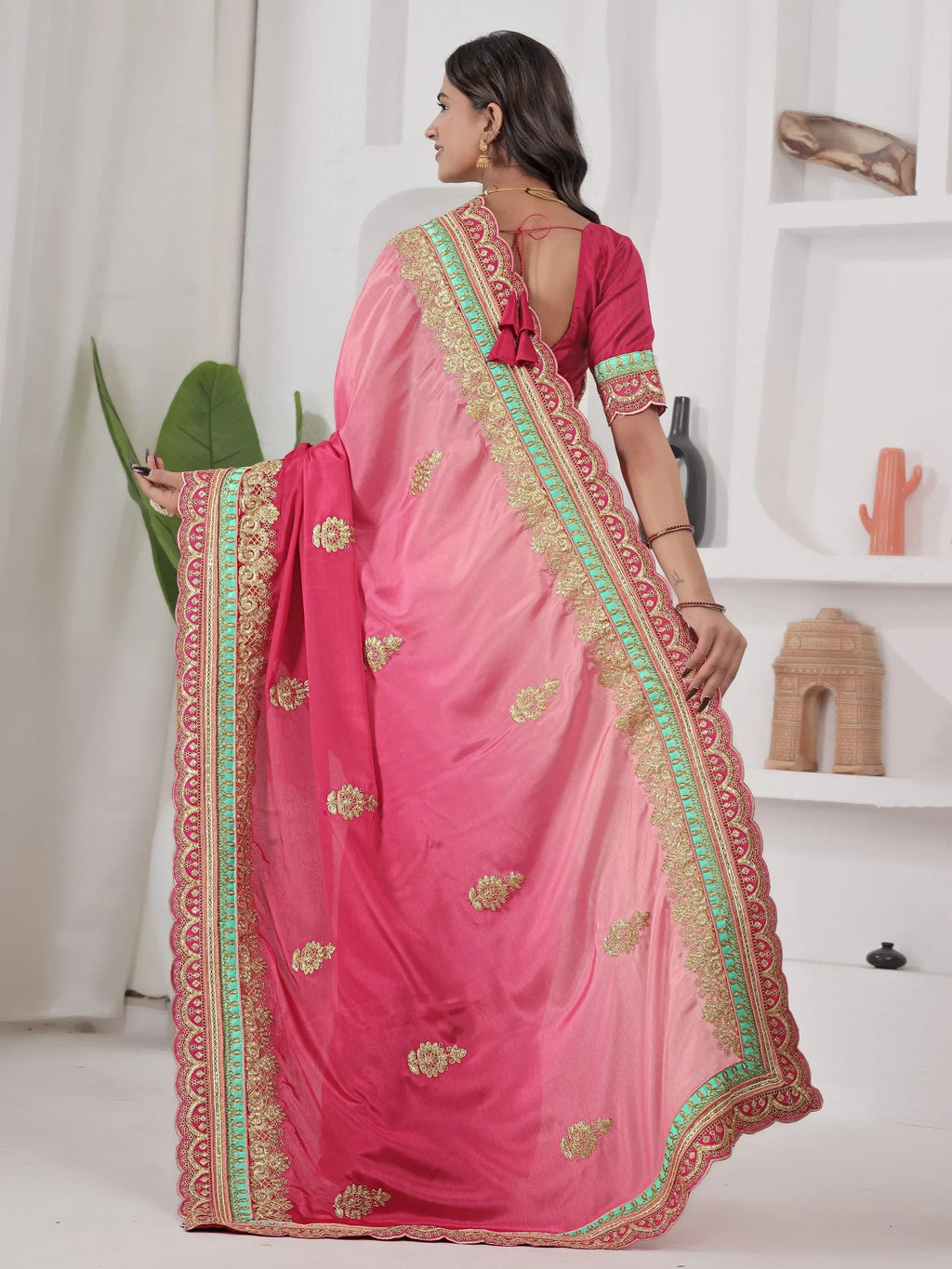 Red Fabulous Coding Work Chinon Wedding Wear Saree With Blouse