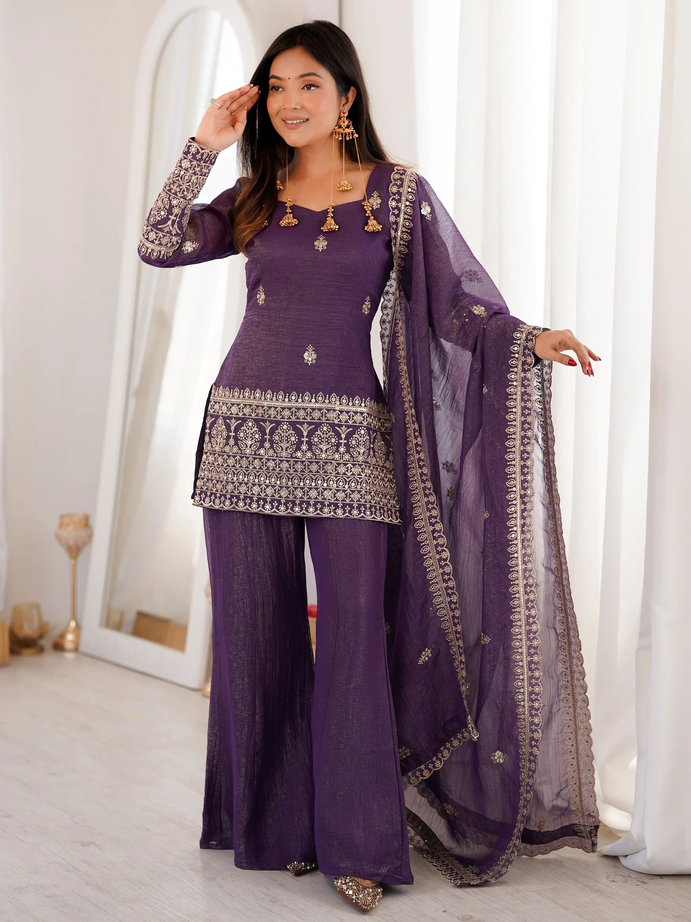Shiny Purple Zari Work Silk Festival Wear Palazzo Suit With Dupatta