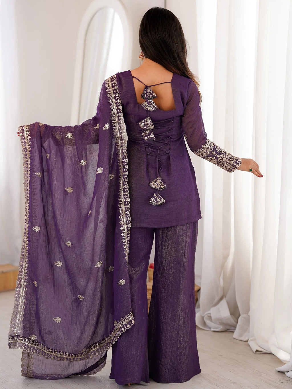 Shiny Purple Zari Work Silk Festival Wear Palazzo Suit With Dupatta