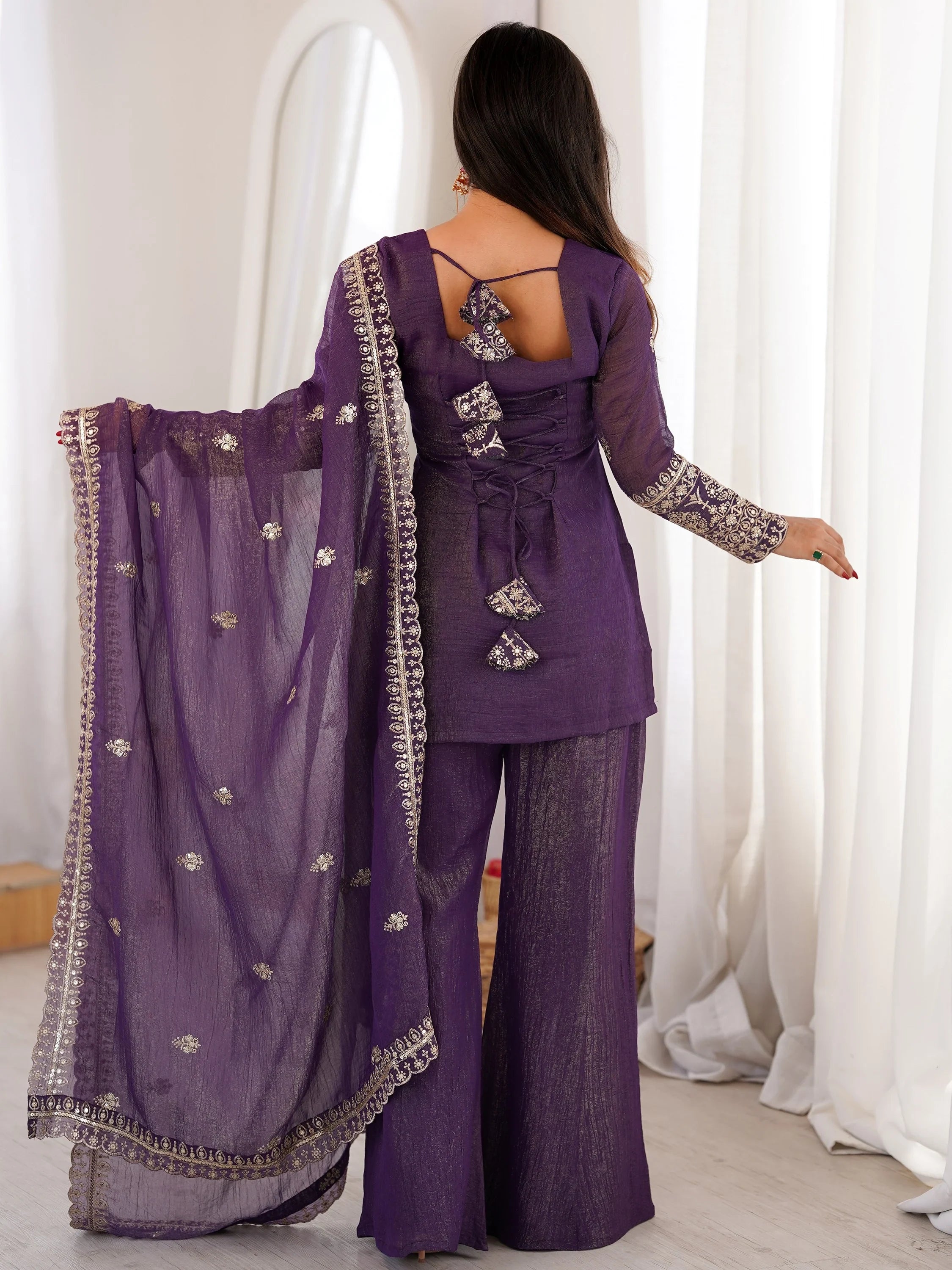 Shiny Purple Zari Work Silk Festival Wear Palazzo Suit With Dupatta