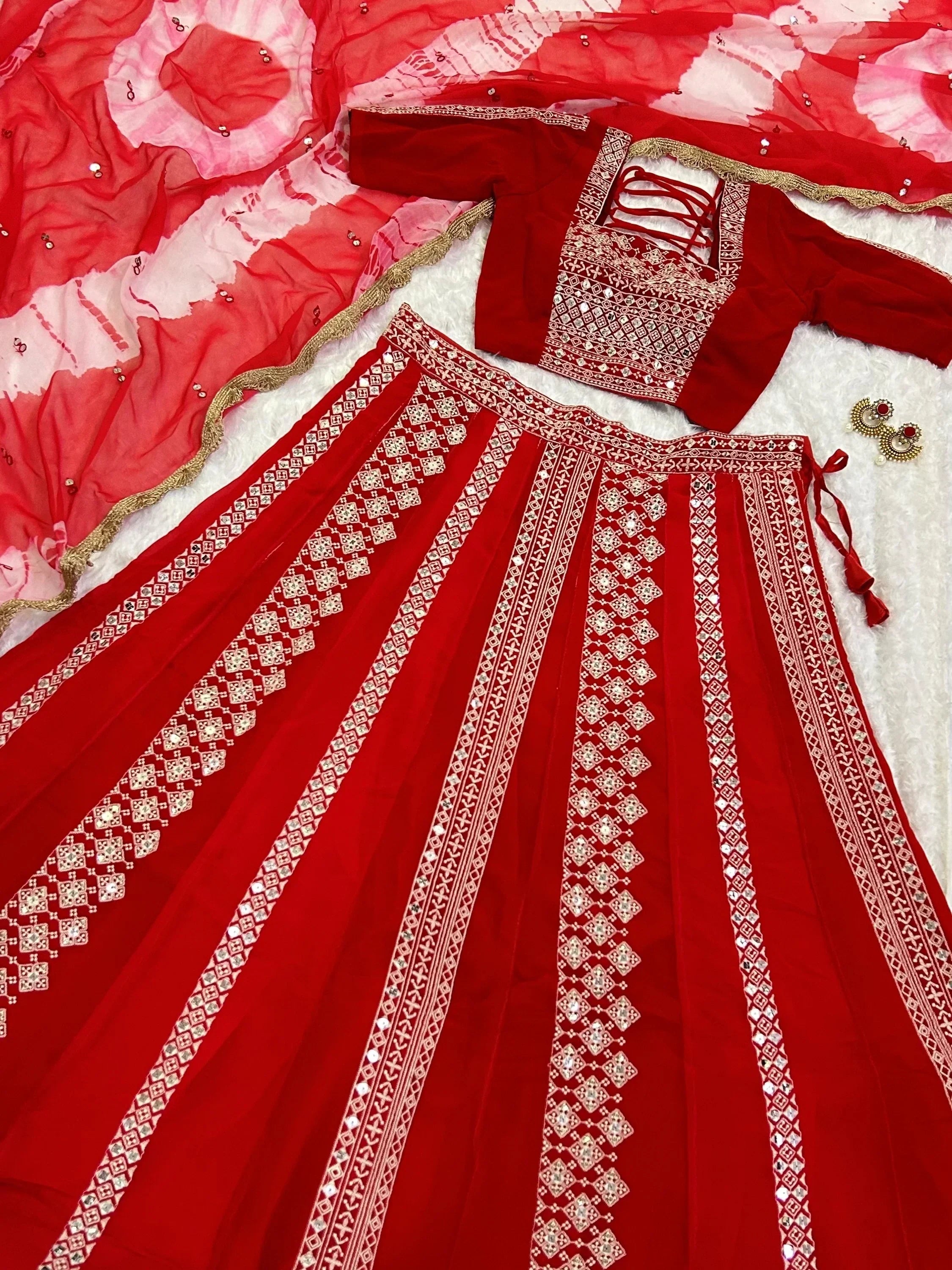 Pretty Red Thread Work Georgette Navratri Wear Lehenga Choli With Dupatta