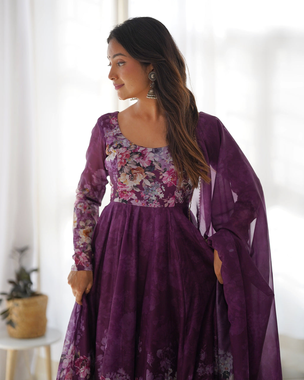 Digitally Pure Soft Organza Anarkali Suit Set With Huge Flair, Dupatta & Pant