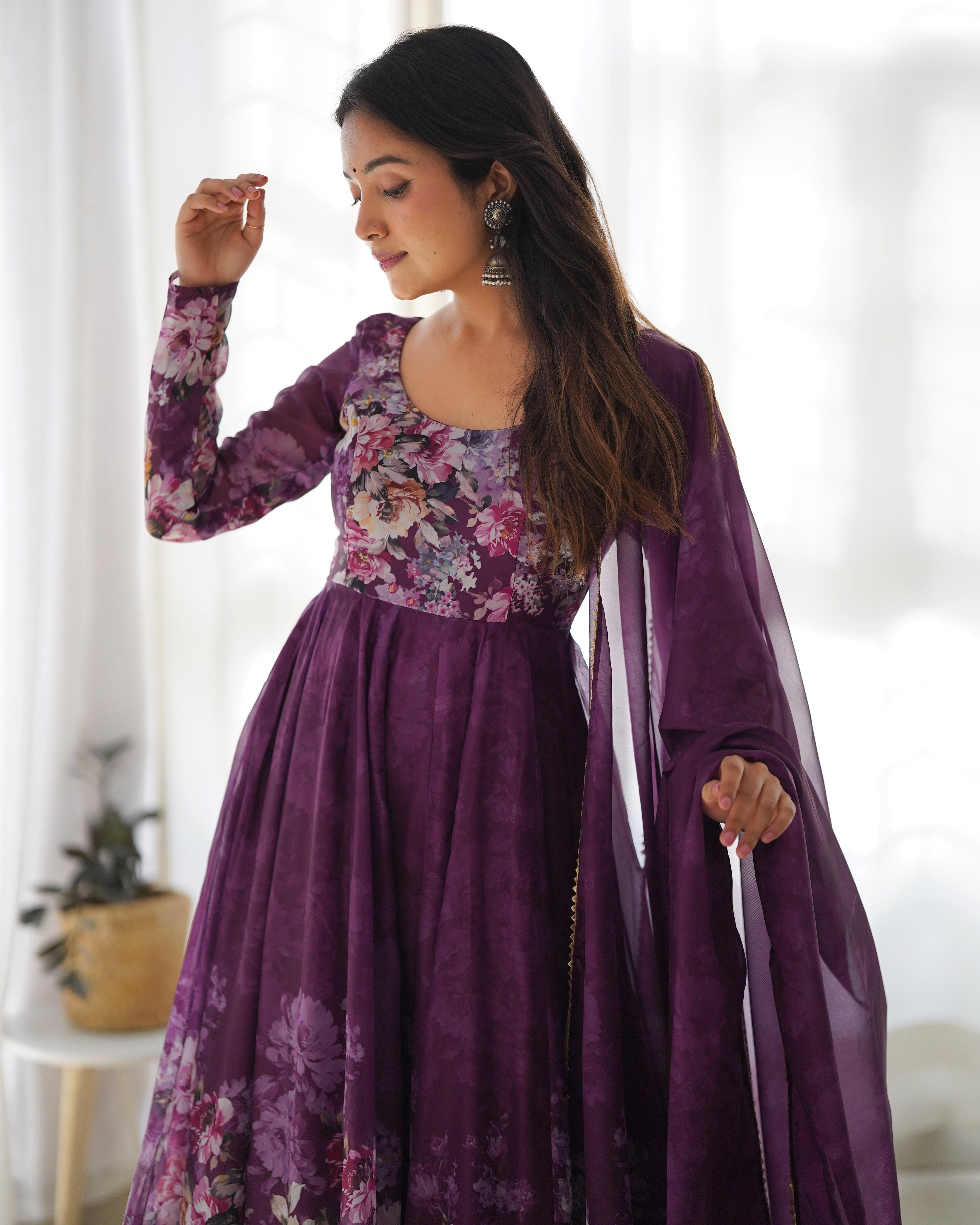 Digitally Pure Soft Organza Anarkali Suit Set With Huge Flair, Dupatta & Pant