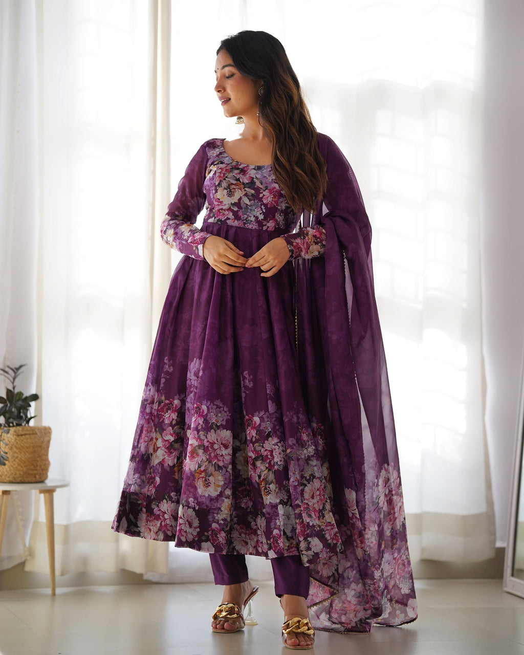 Digitally Pure Soft Organza Anarkali Suit Set With Huge Flair, Dupatta & Pant